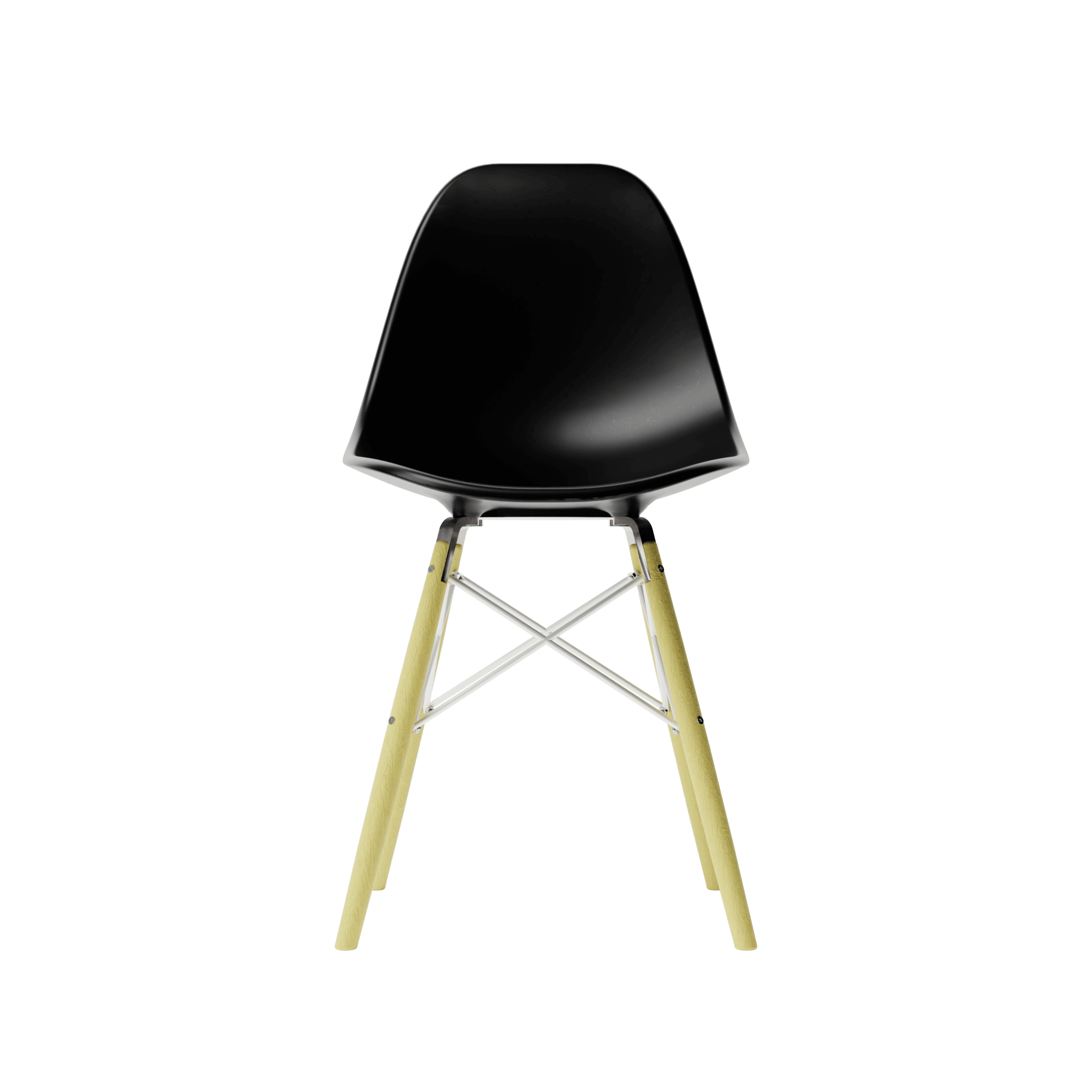 Front Black MicroShell Chair™ miniature, 1/6 scale mid-century modern replica with curved shell seat, perfect for collector display.