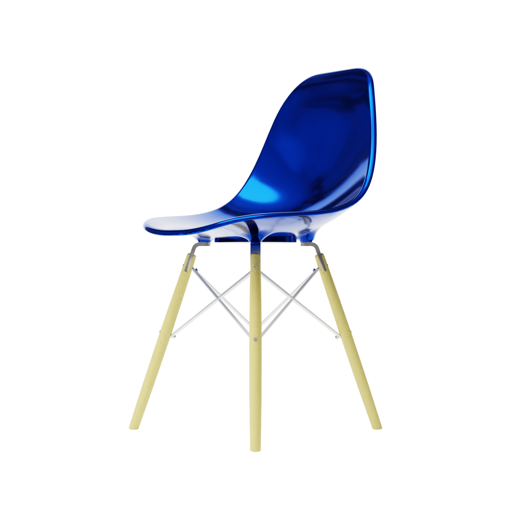 Side Metallic Blue MicroShell Chair, 1/6 scale, mid-century modern style, curved shell seat, designer replica, collector furniture accessory.