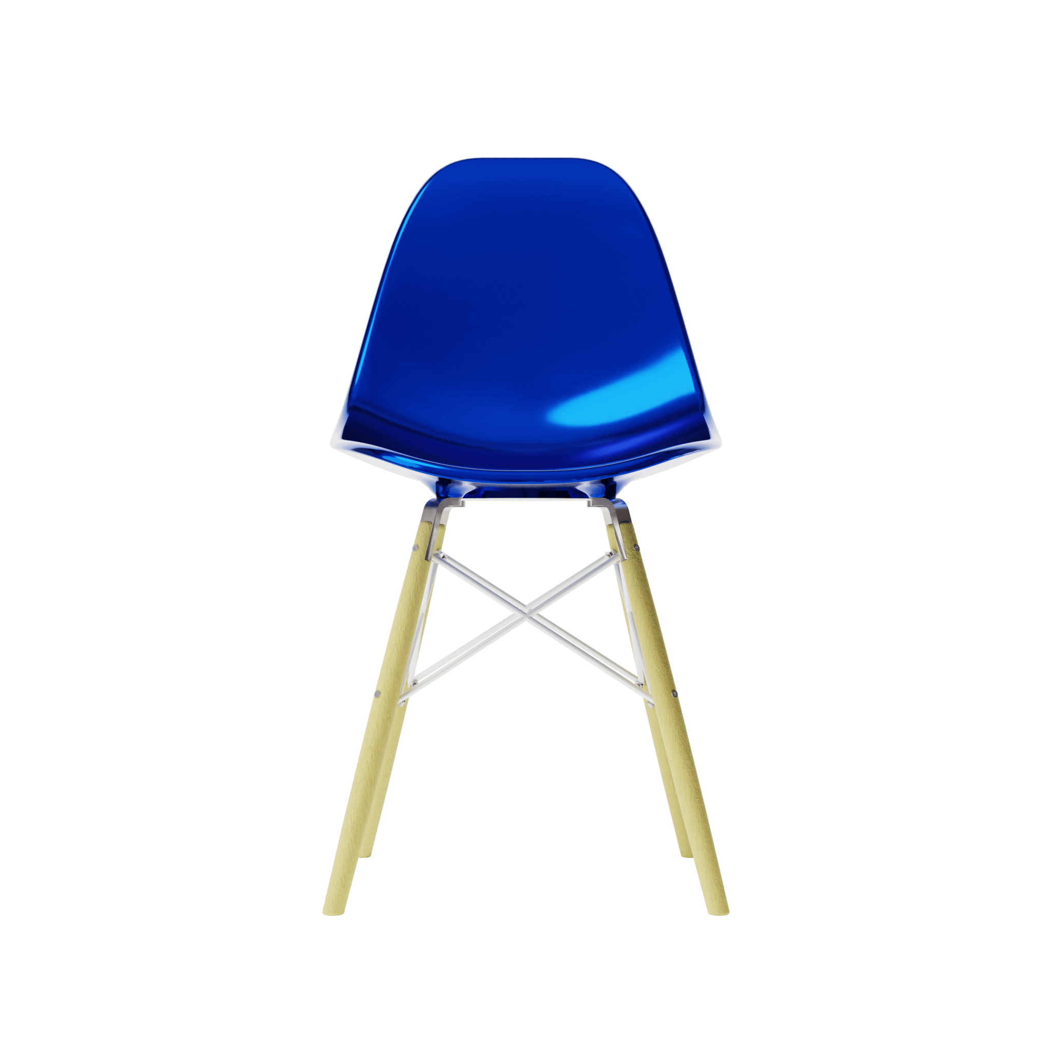 Front Metallic Blue MicroShell Chair™ miniature, 1/6 scale mid-century modern replica with curved shell seat, perfect for collector display.