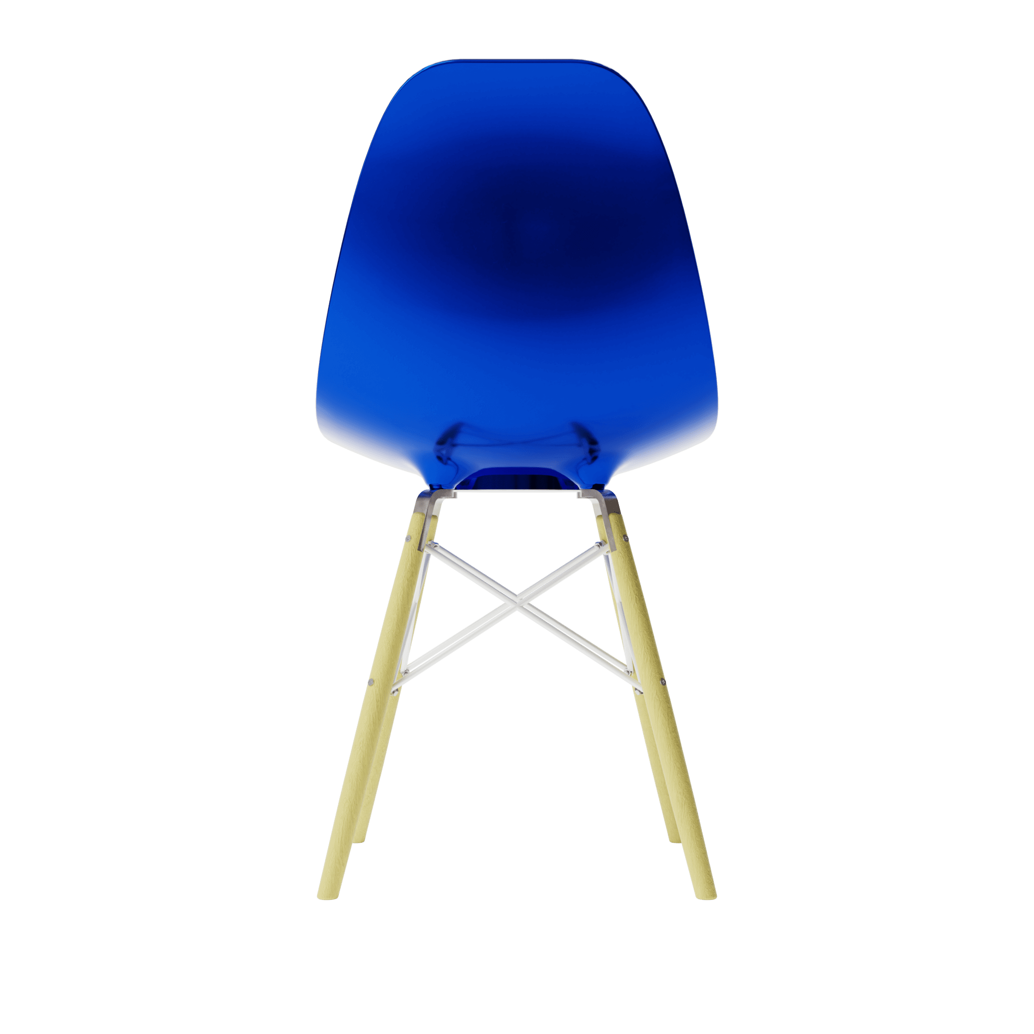 Back view of Metallic Blue MicroShell Chair™, a 1/6 scale miniature mid-century modern collectible with a curved shell design.