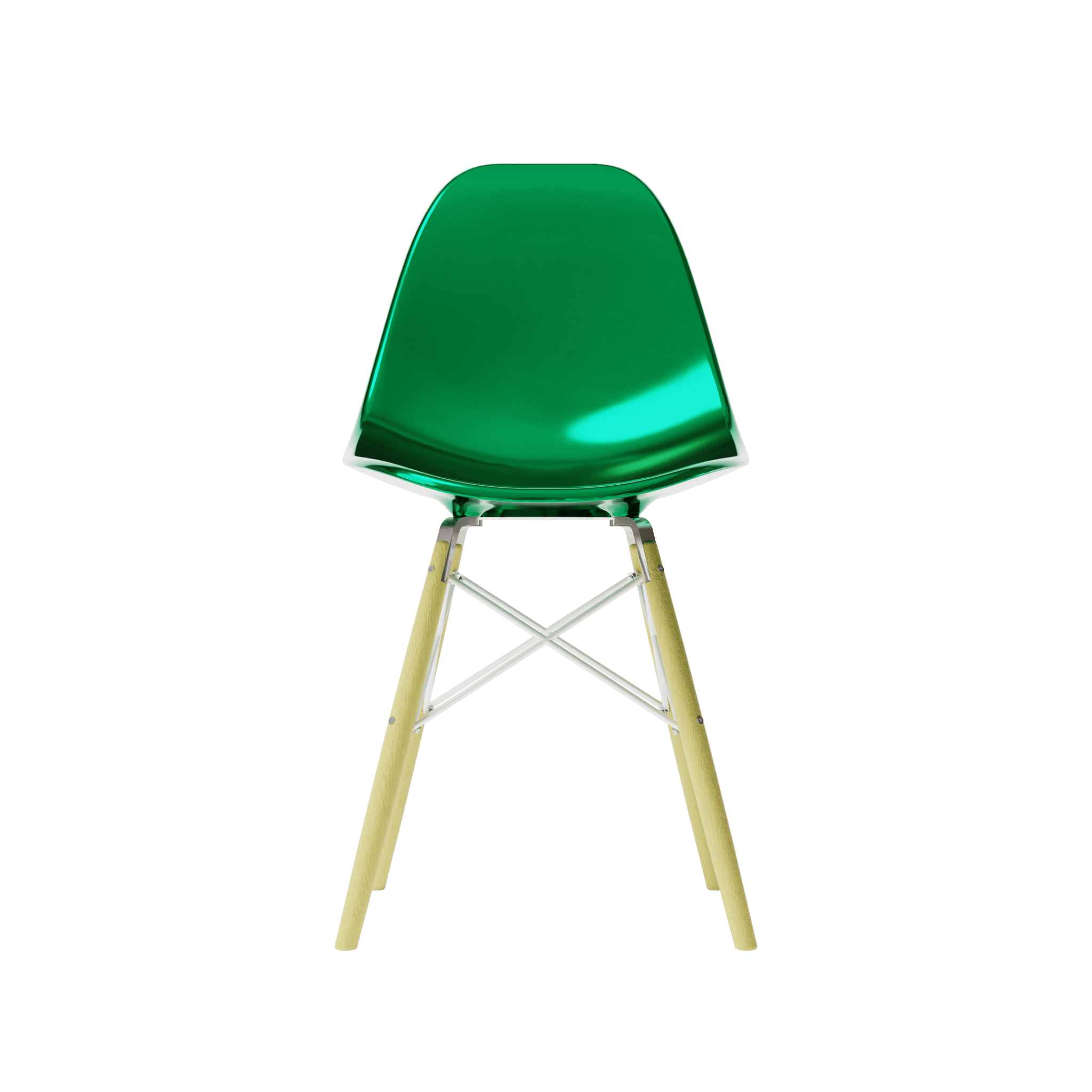 Front Metallic Green MicroShell Chair™ miniature, 1/6 scale mid-century modern replica with curved shell seat, perfect for collector display.