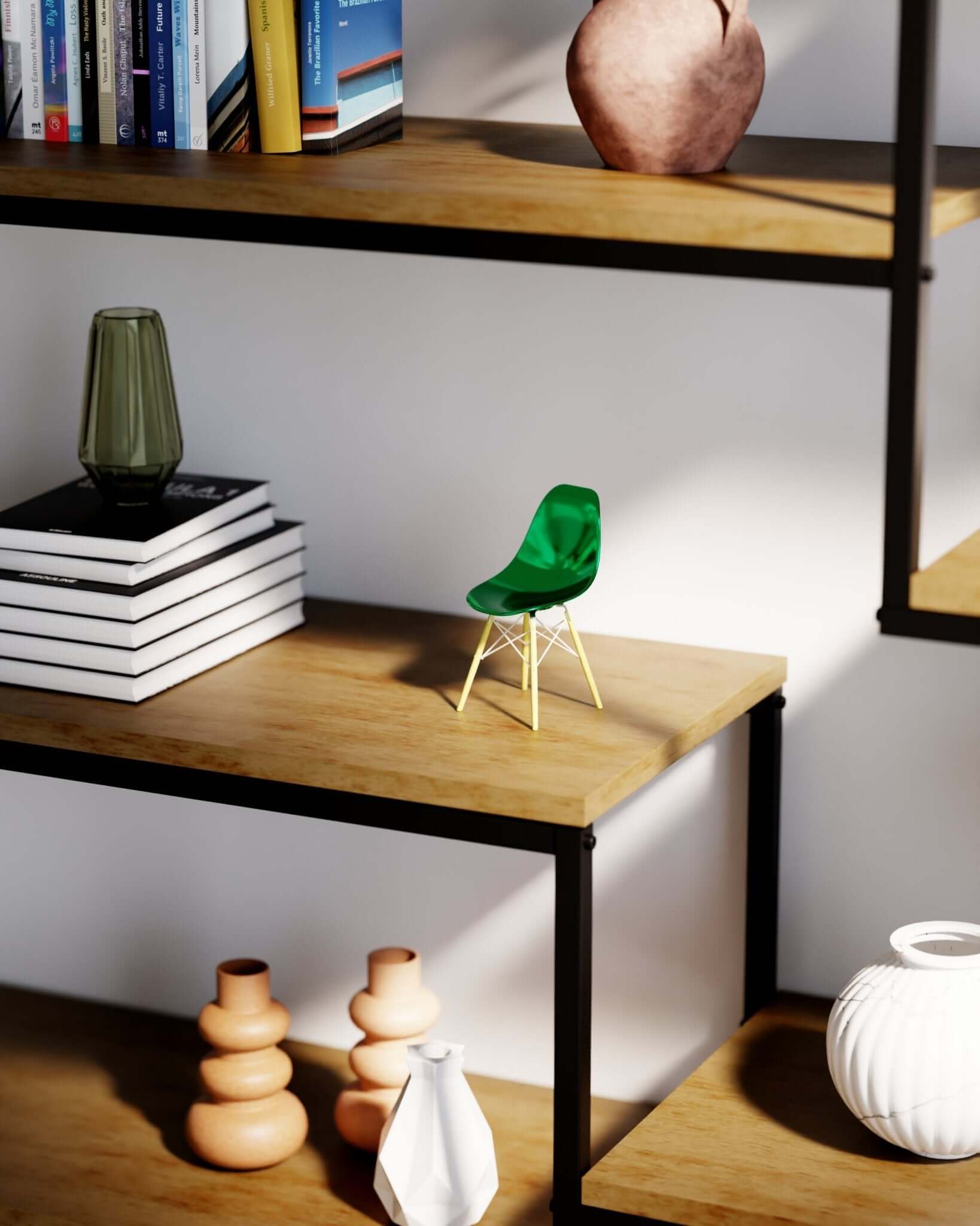 Miniature Metallic Green MicroShell chair displayed on wooden shelves with books and vases, showcasing mid-century modern design.