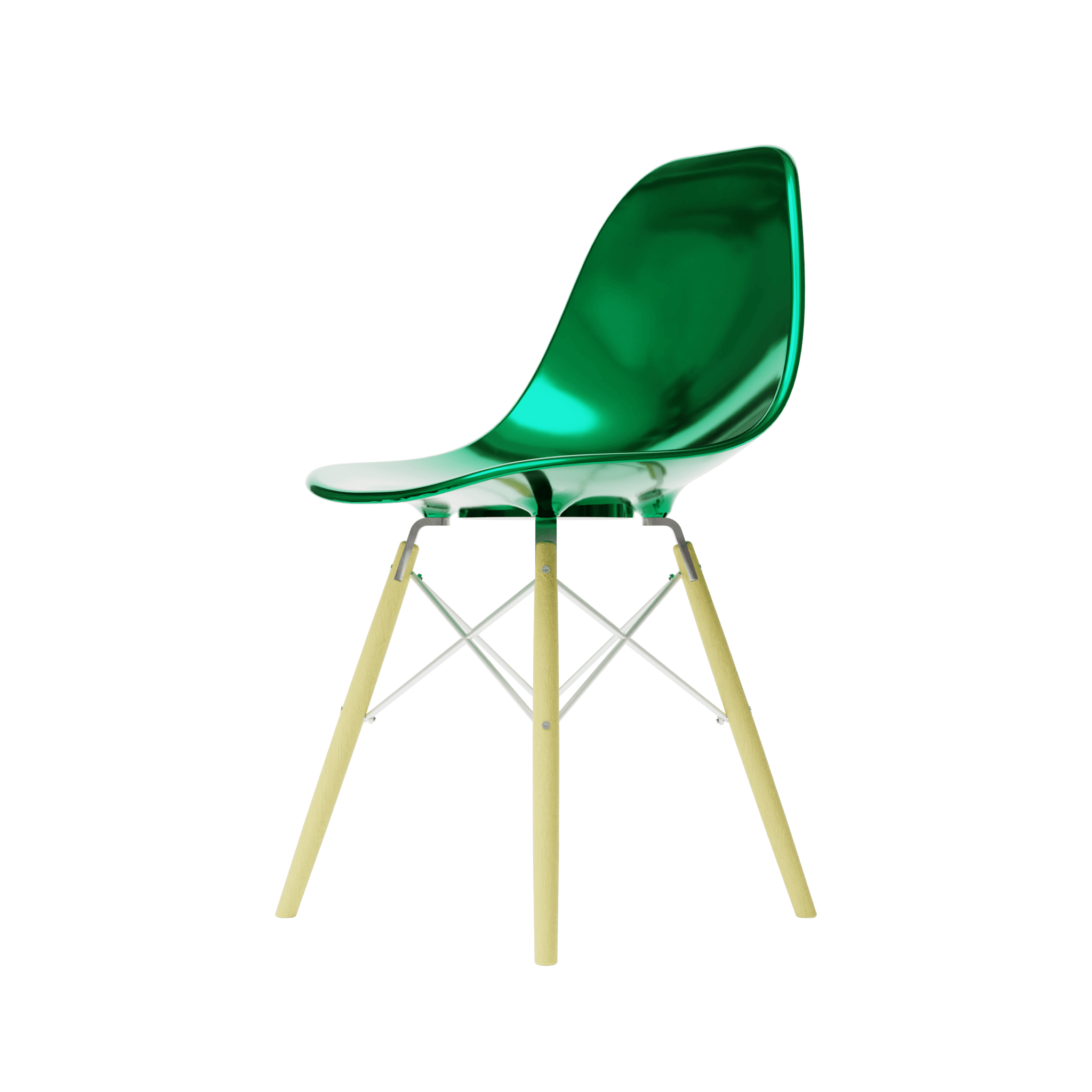 Side Metallic Green MicroShell Chair, 1/6 scale, mid-century modern style, curved shell seat, designer replica, collector furniture accessory.