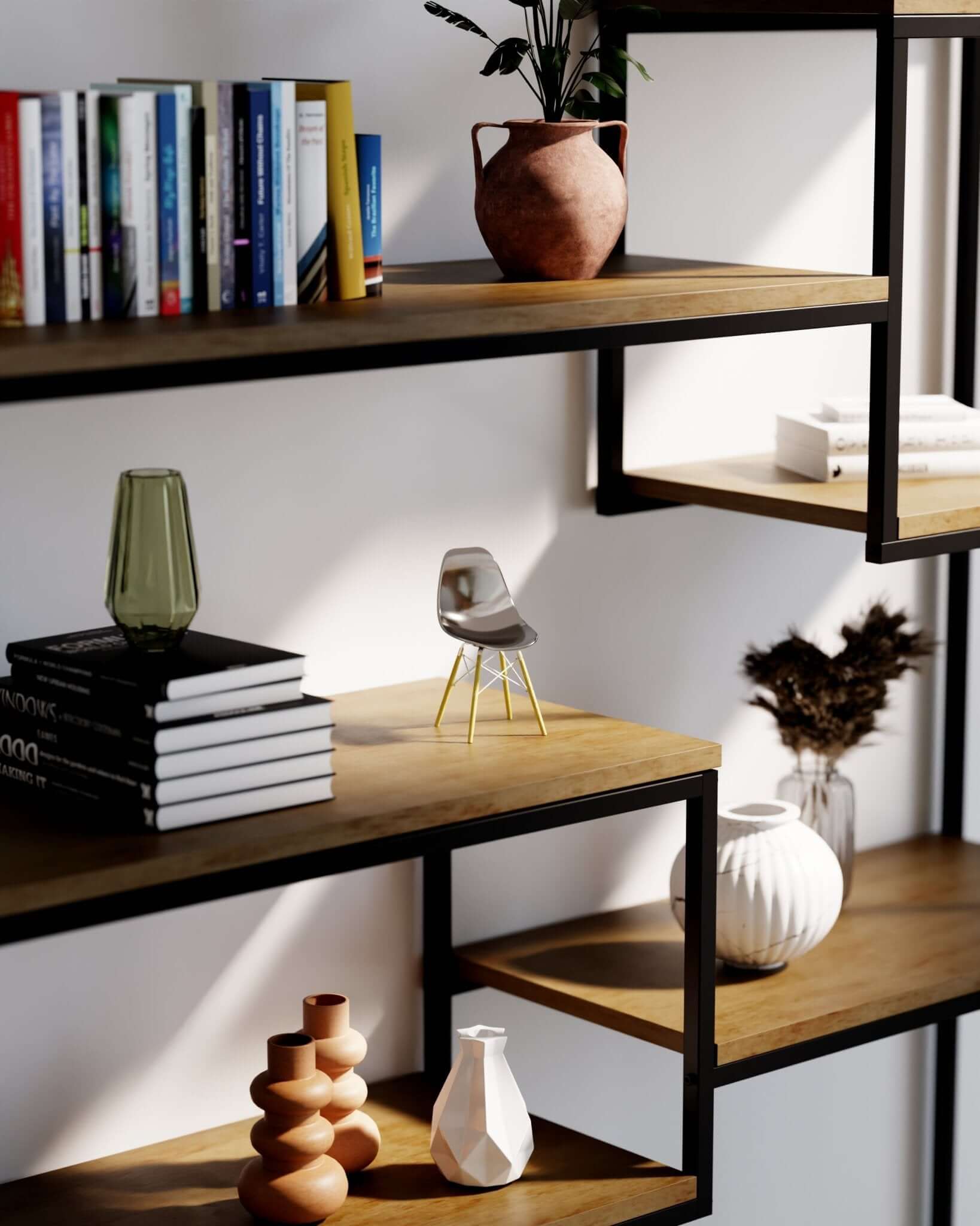 Metallic Slate MicroShell chair displayed on wooden shelves with books and vases, showcasing mid-century modern design.