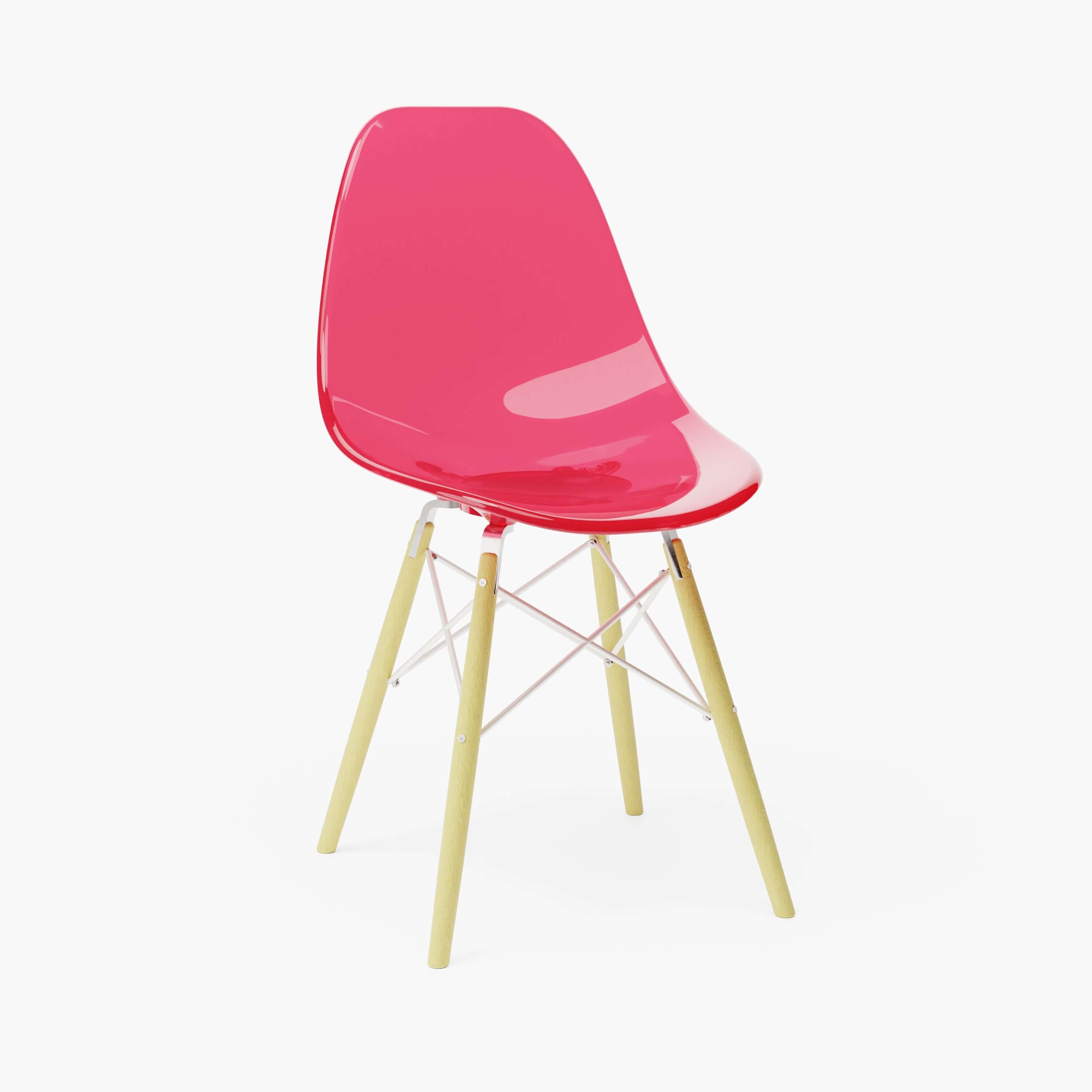 Clear Magenta MicroShell Chair™ 1/6 scale, mid-century modern miniature with curved shell seat, designer replica, desk accessory.