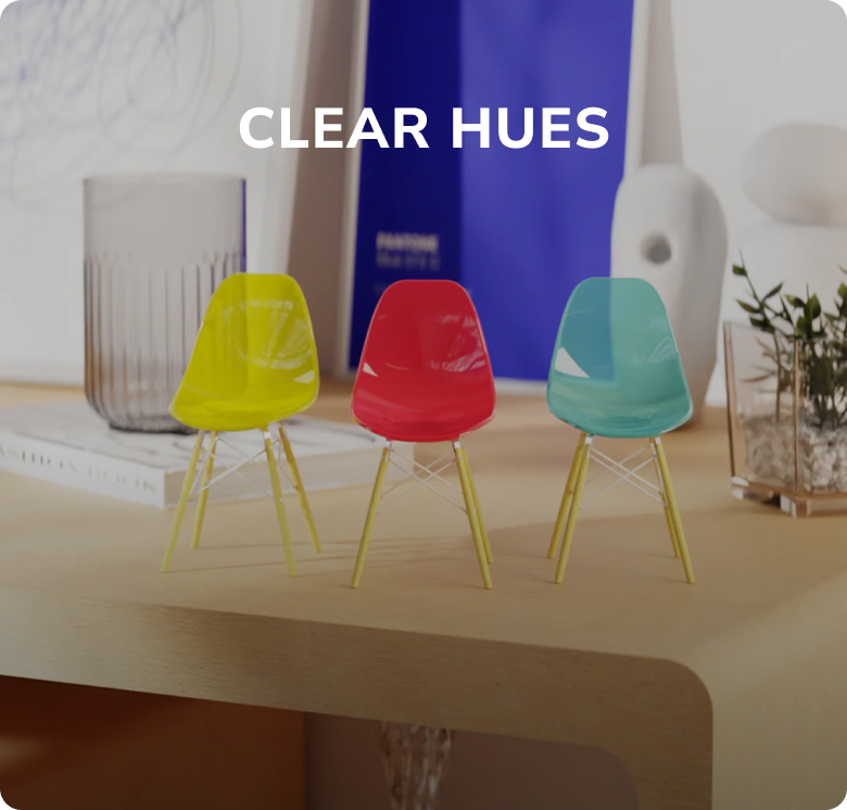 Colorful mini chairs displayed on a wooden shelf with decorative items in the background.