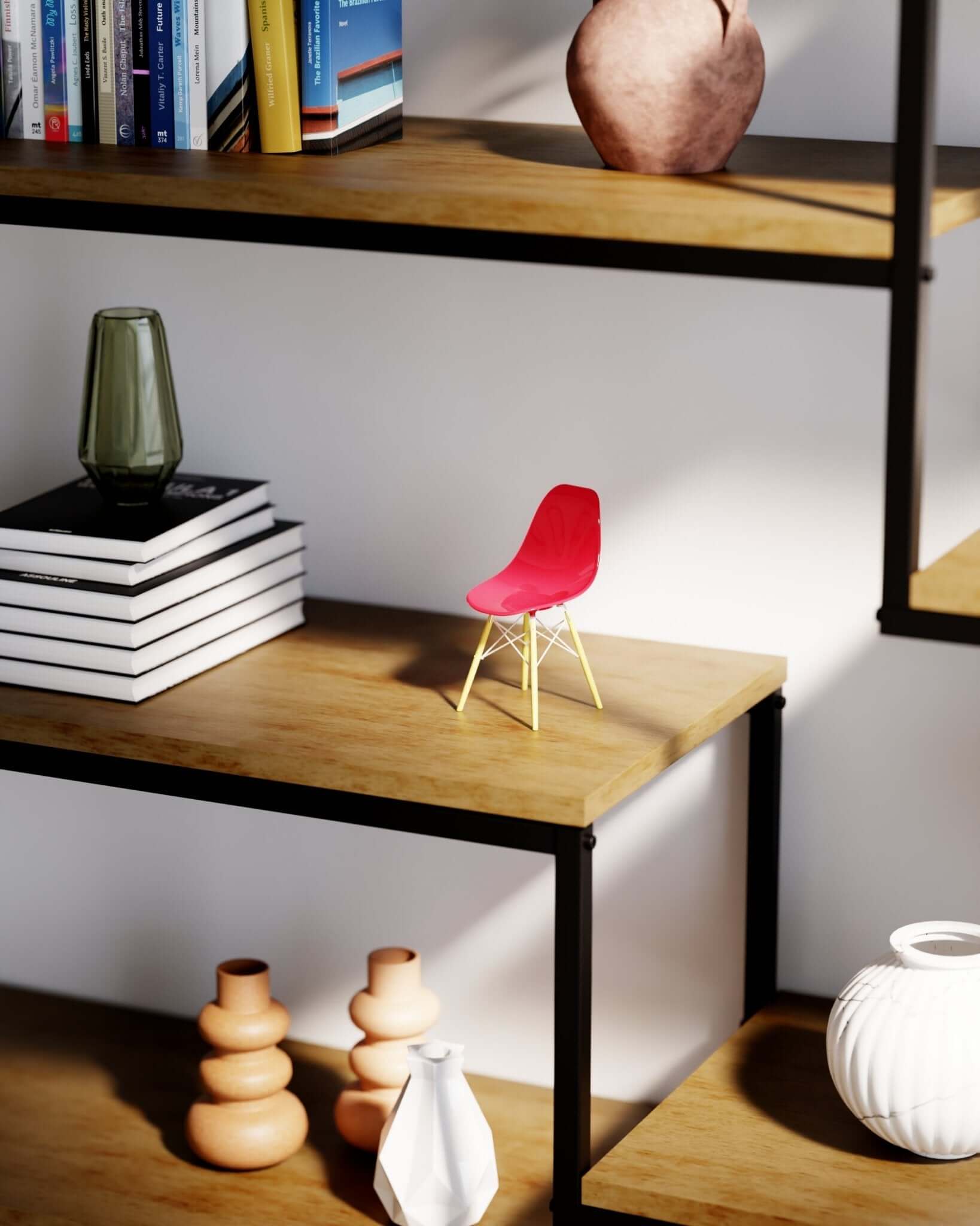 Miniature Clear Magenta MicroShell chair displayed on wooden shelves with books and vases, showcasing mid-century modern design.