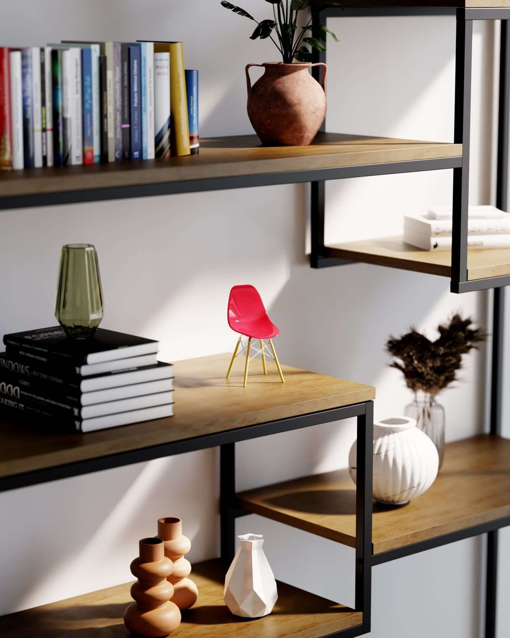 Miniature Clear Magenta MicroShell chair displayed on a wooden shelf with books and vases, showcasing mid-century modern design.