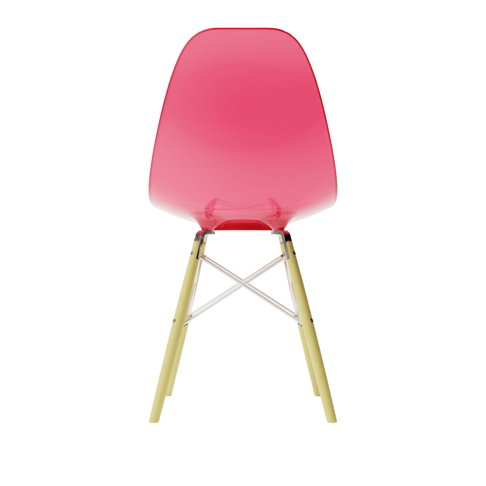 Back view of Clear Magneta MicroShell Chair™, a 1/6 scale miniature mid-century modern collectible with a curved shell design.