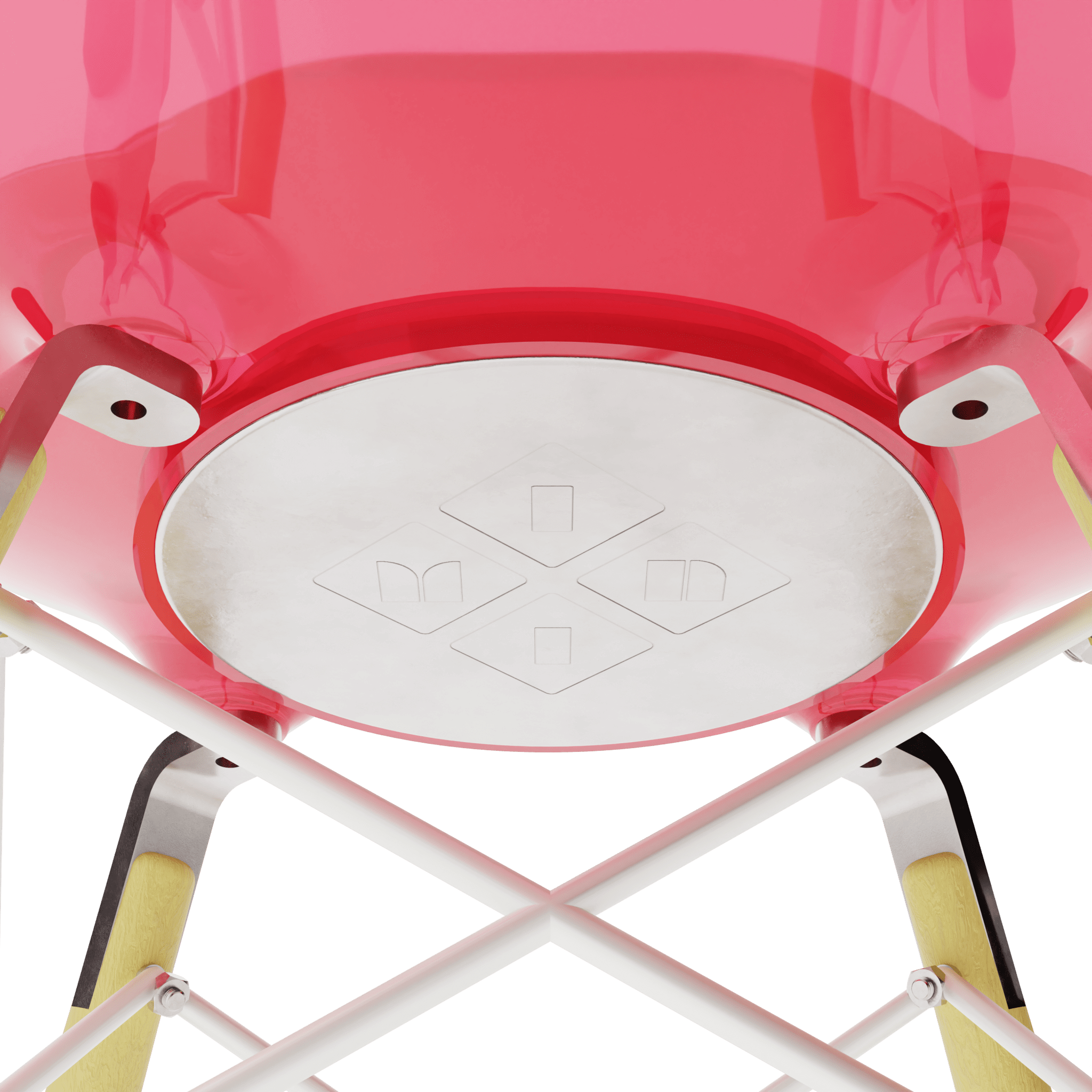 Clear Magenta MicroShell Chair underside showcasing mid-century modern design and translucent finish with cross metal base.