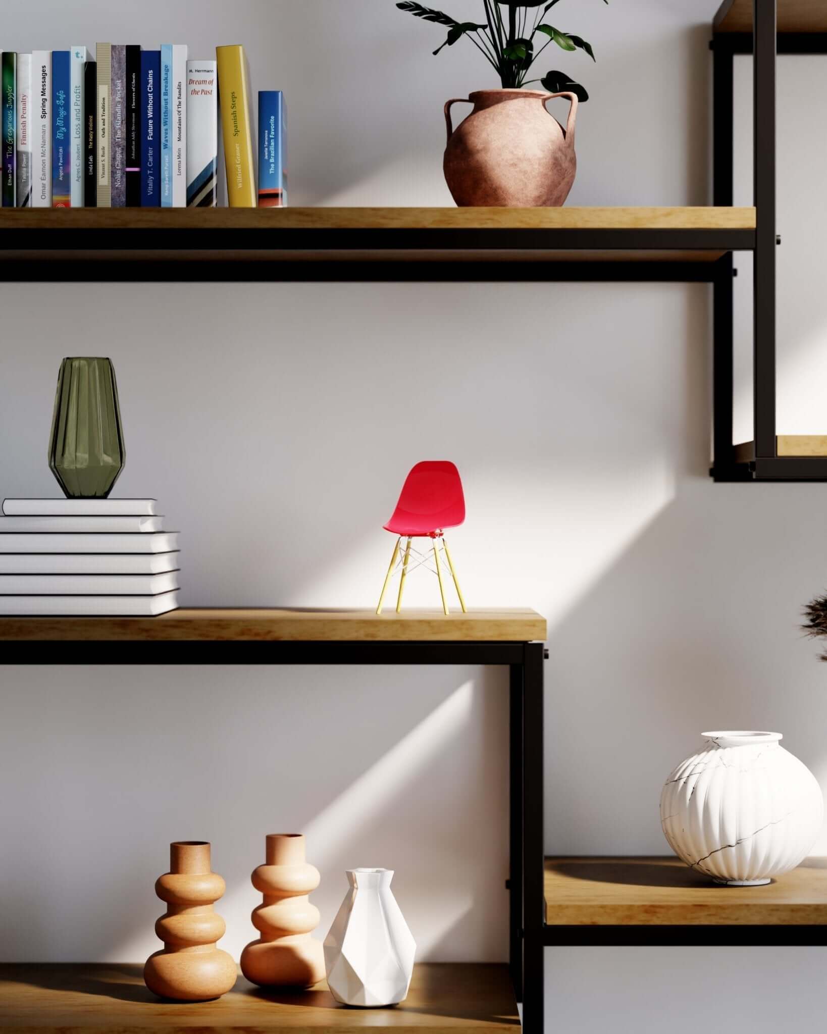 Clear Magenta MicroShell chair displayed on wooden shelves with books and vases, showcasing mid-century modern design.