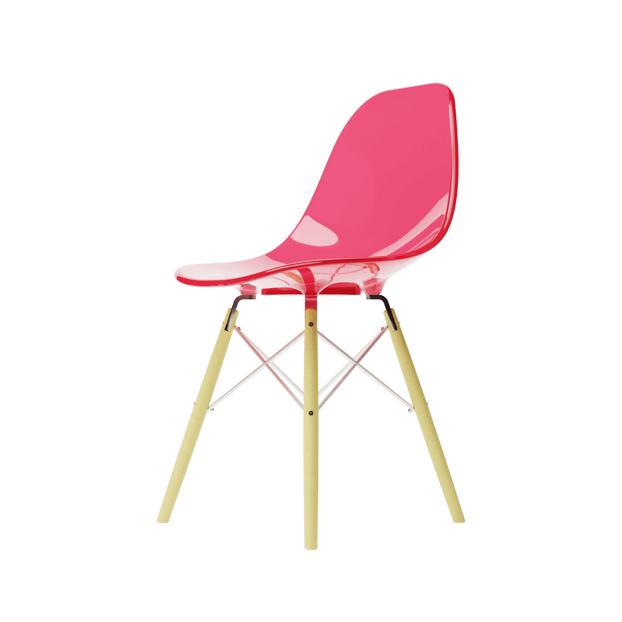 Side Clear Magenta MicroShell Chair, 1/6 scale, mid-century modern style, curved shell seat, designer replica, collector furniture accessory.