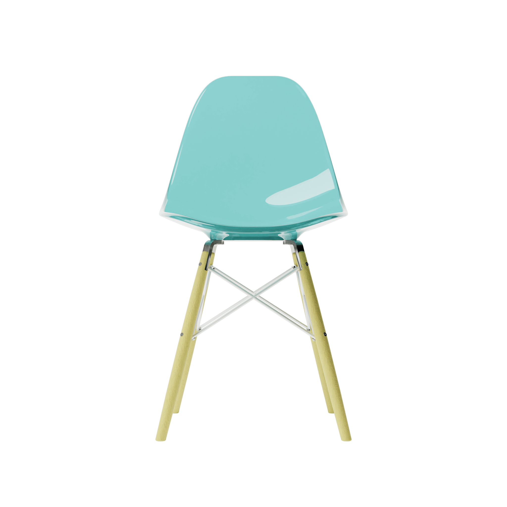 Front Clear Seafoam MicroShell Chair™ miniature, 1/6 scale mid-century modern replica with curved shell seat, perfect for collector display.