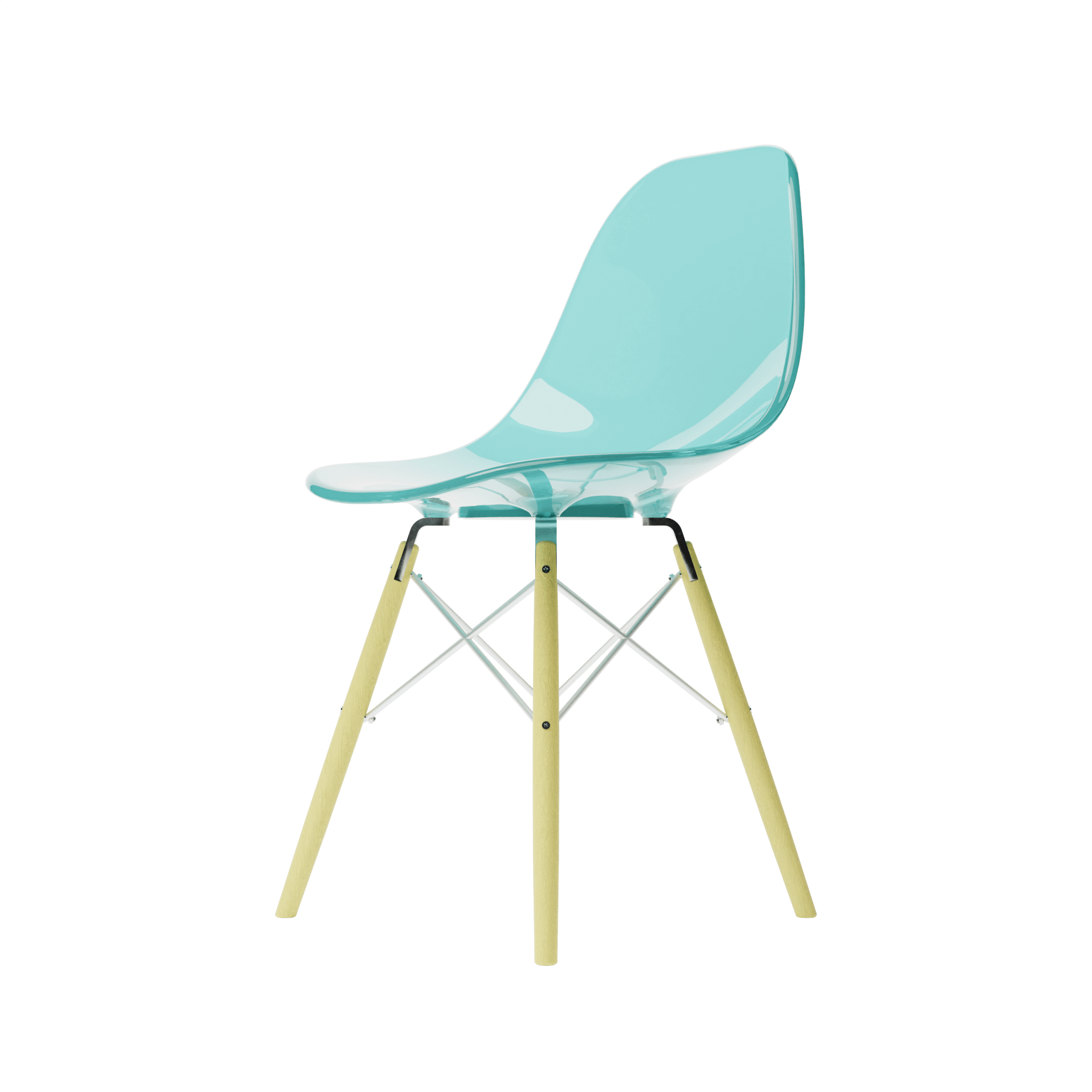 Side Clear Seafoam MicroShell Chair, 1/6 scale, mid-century modern style, curved shell seat, designer replica, collector furniture accessory.