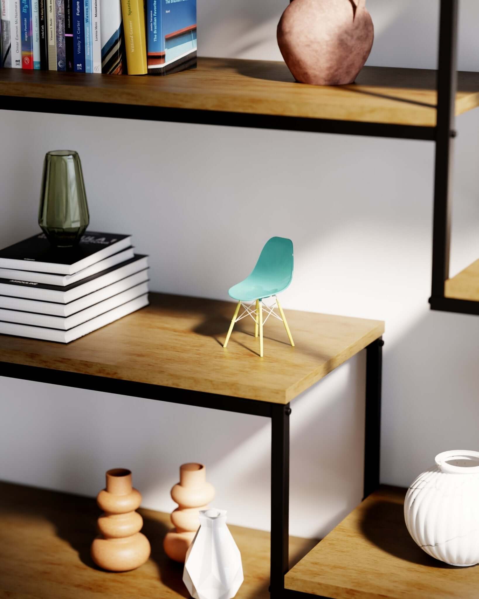 Miniature Clear Seafoam MicroShell chair displayed on wooden shelves with books and vases, showcasing mid-century modern design.