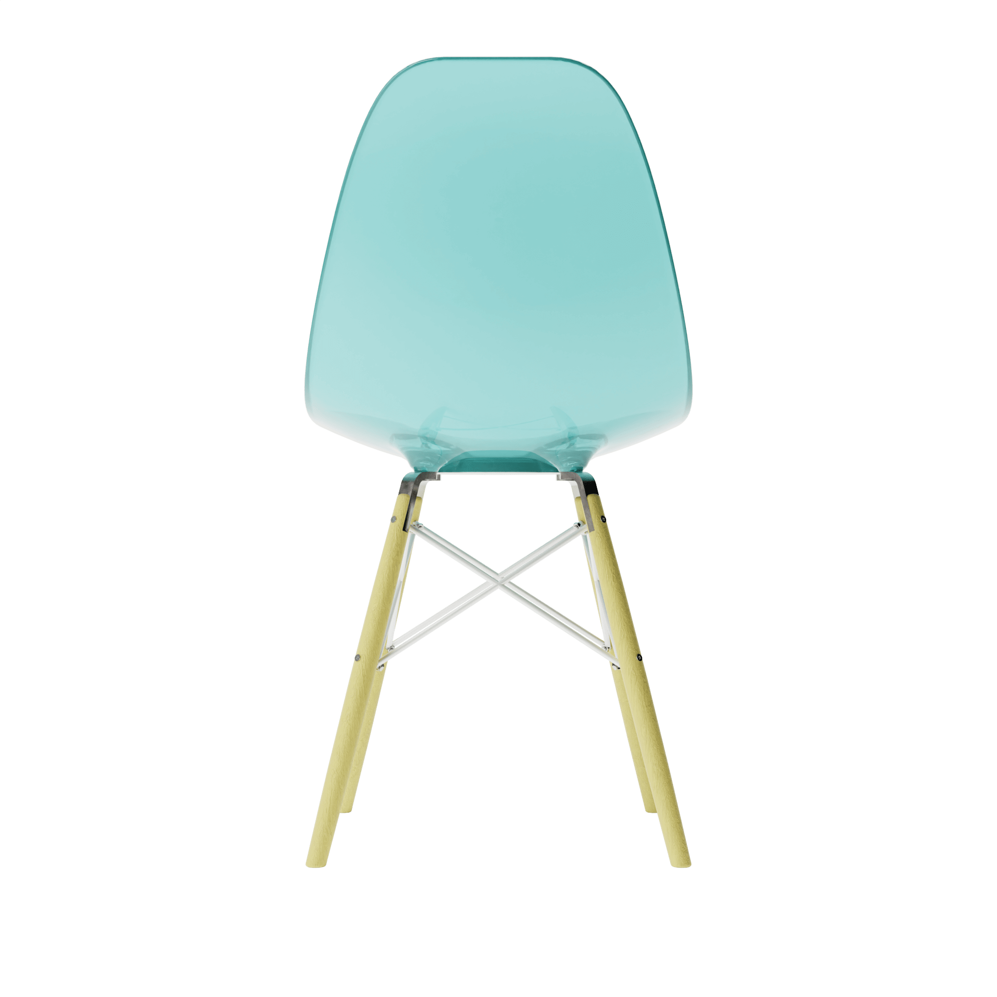 Back view of Clear Seafoam MicroShell Chair™, a 1/6 scale miniature mid-century modern collectible with a curved shell design.