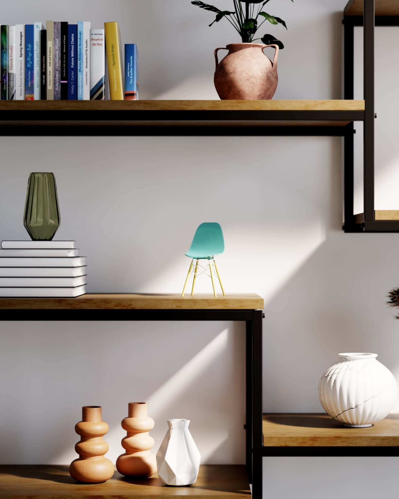 Miniature Clear Seafoam MicroShell chair displayed on a wooden shelf with books and vases, showcasing mid-century modern design.