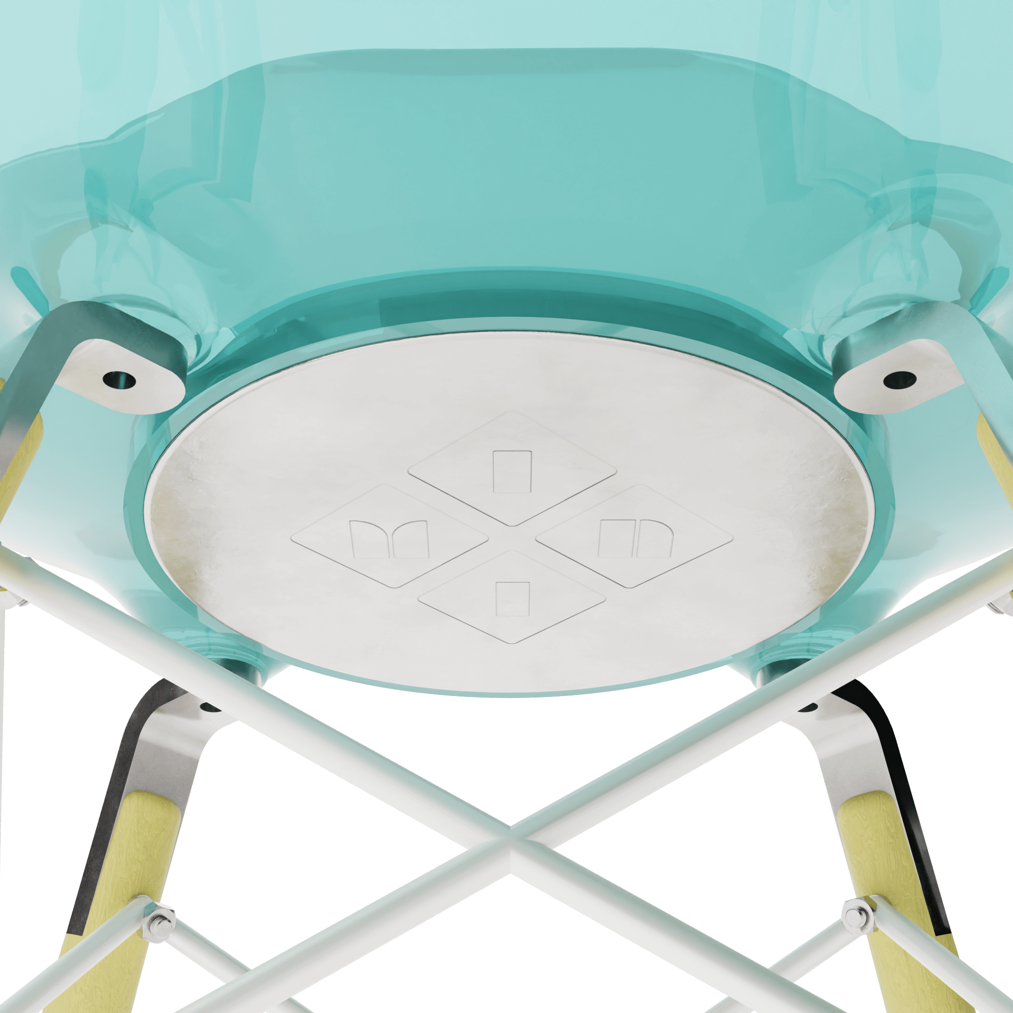 Clear Seafoam MicroShell Chair underside showcasing mid-century modern design and translucent finish with cross metal base.