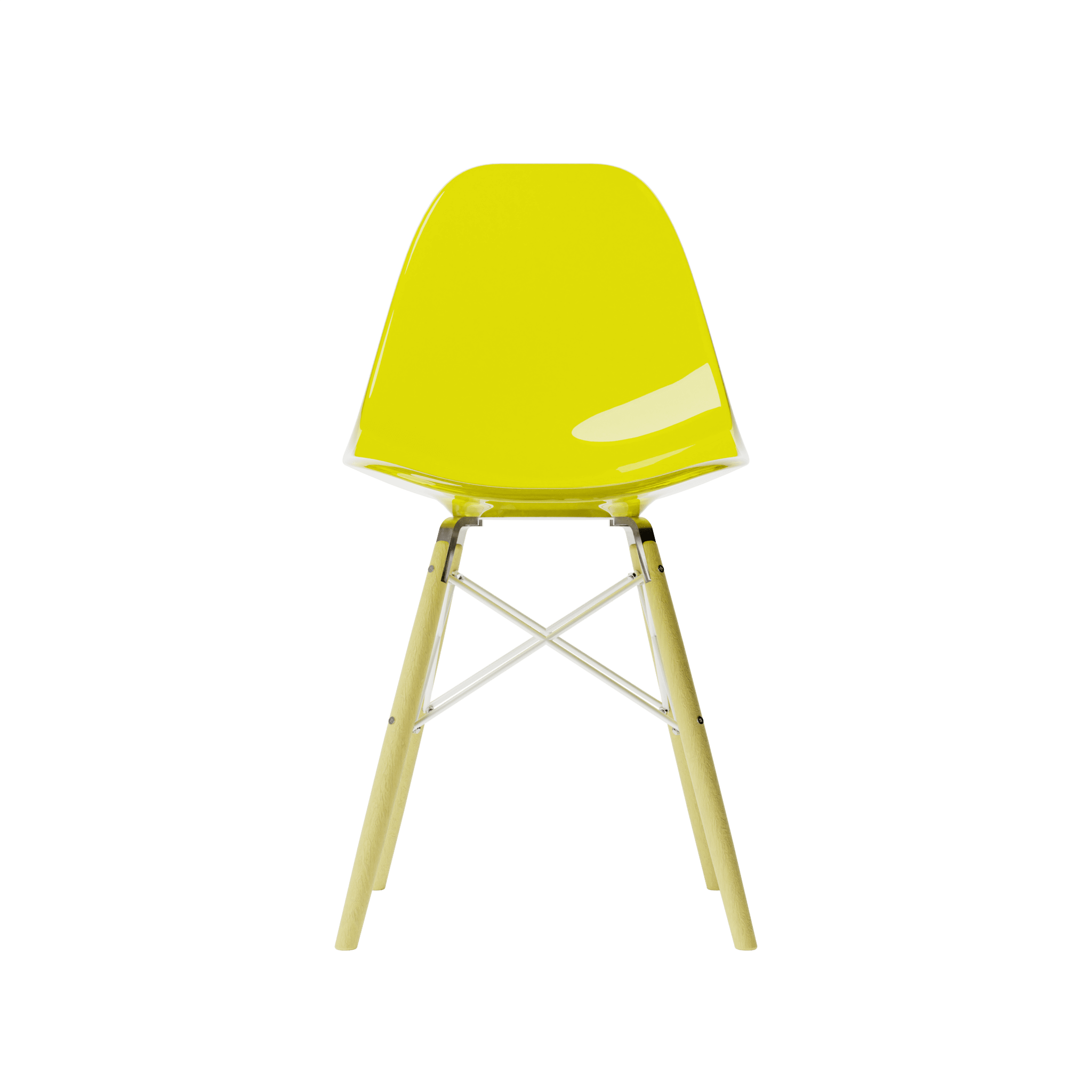 Front Clear Yellow MicroShell Chair™ miniature, 1/6 scale mid-century modern replica with curved shell seat, perfect for collector display.