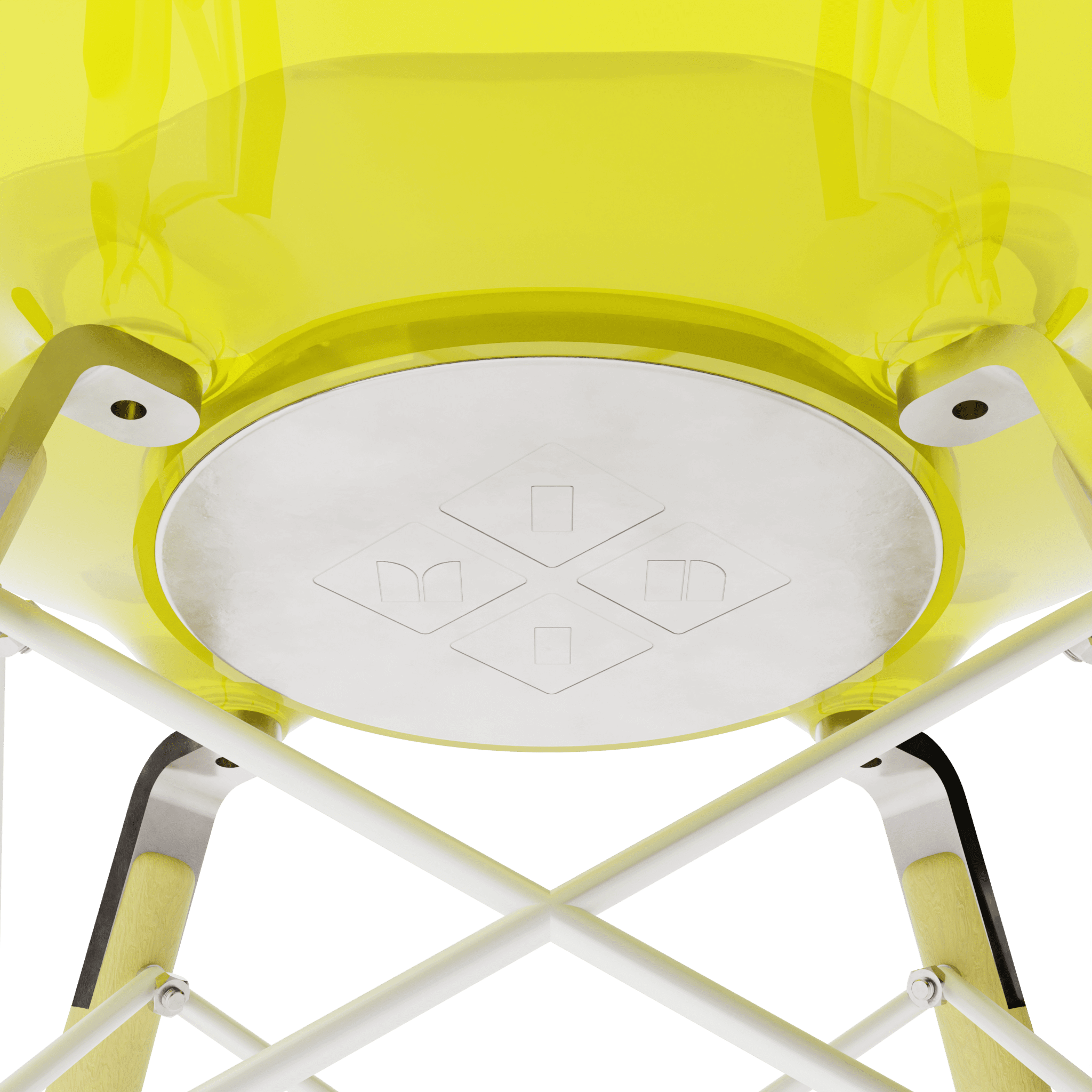 Clear Yellow MicroShell Chair underside showcasing mid-century modern design and translucent finish with cross metal base.