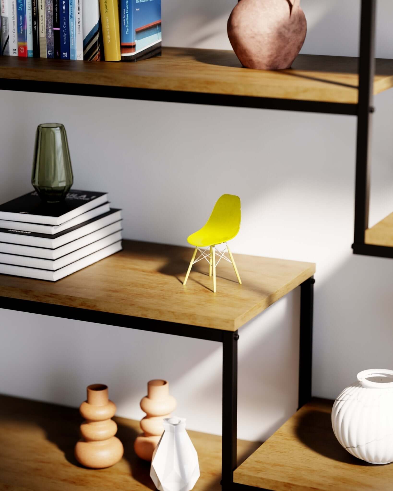 Miniature Clear Yellow MicroShell chair displayed on a wooden shelf with books and vases, showcasing mid-century modern design.