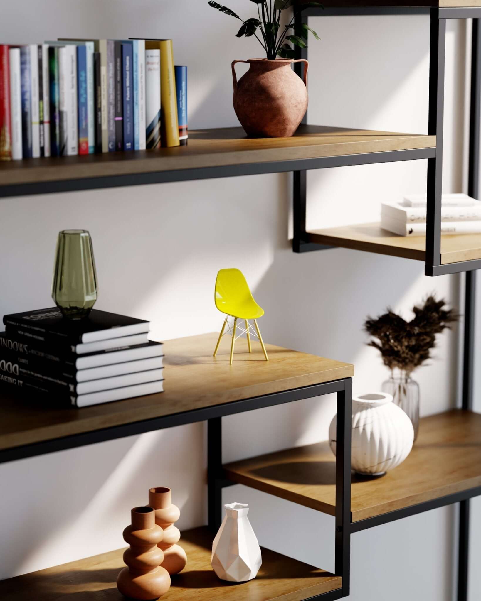 Miniature Clear Yellow MicroShell chair displayed on wooden shelves with books and vases, showcasing mid-century modern design.