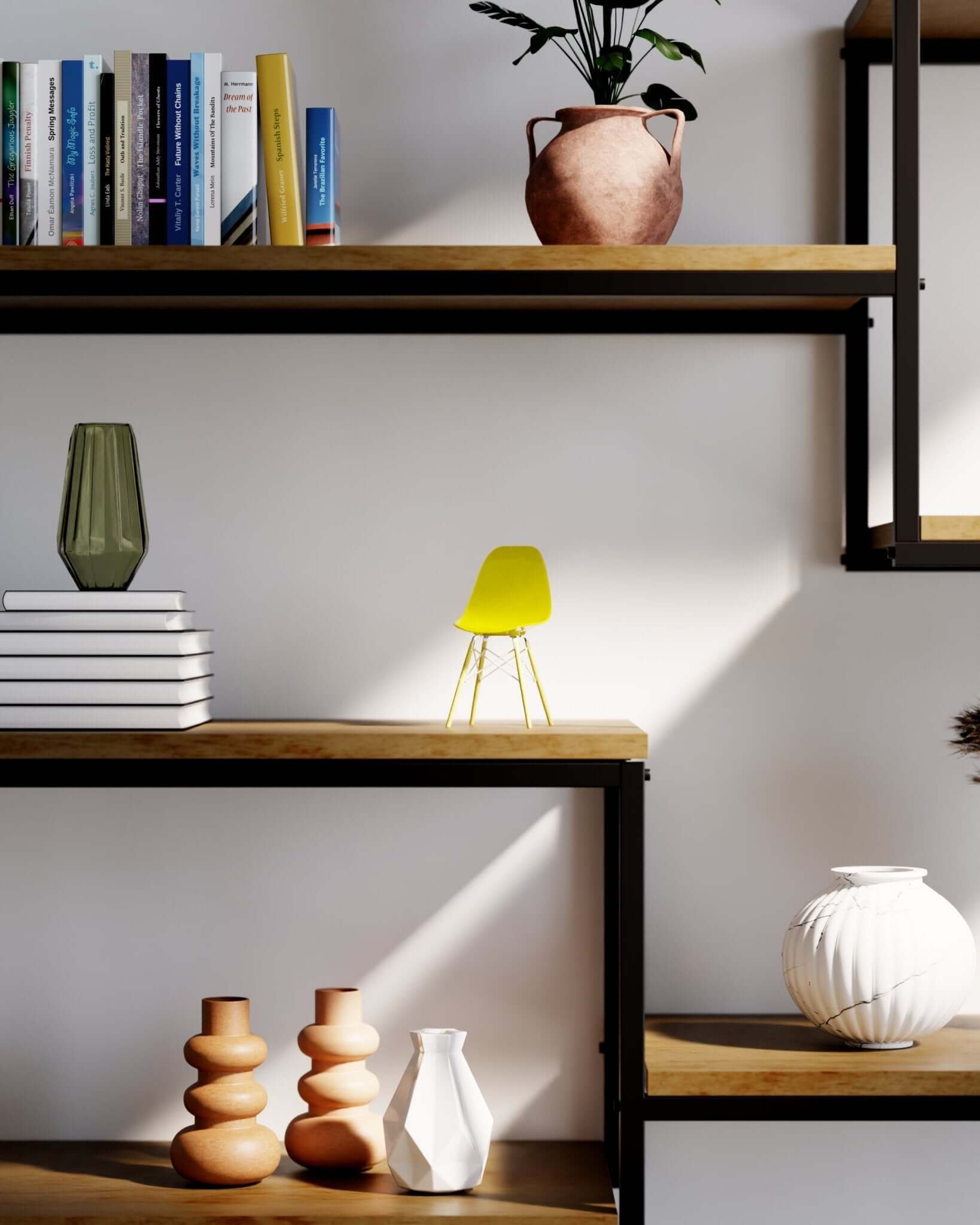 Miniature Clear Yellow MicroShell chair displayed on wooden shelves with books and vases, showcasing mid-century modern design.