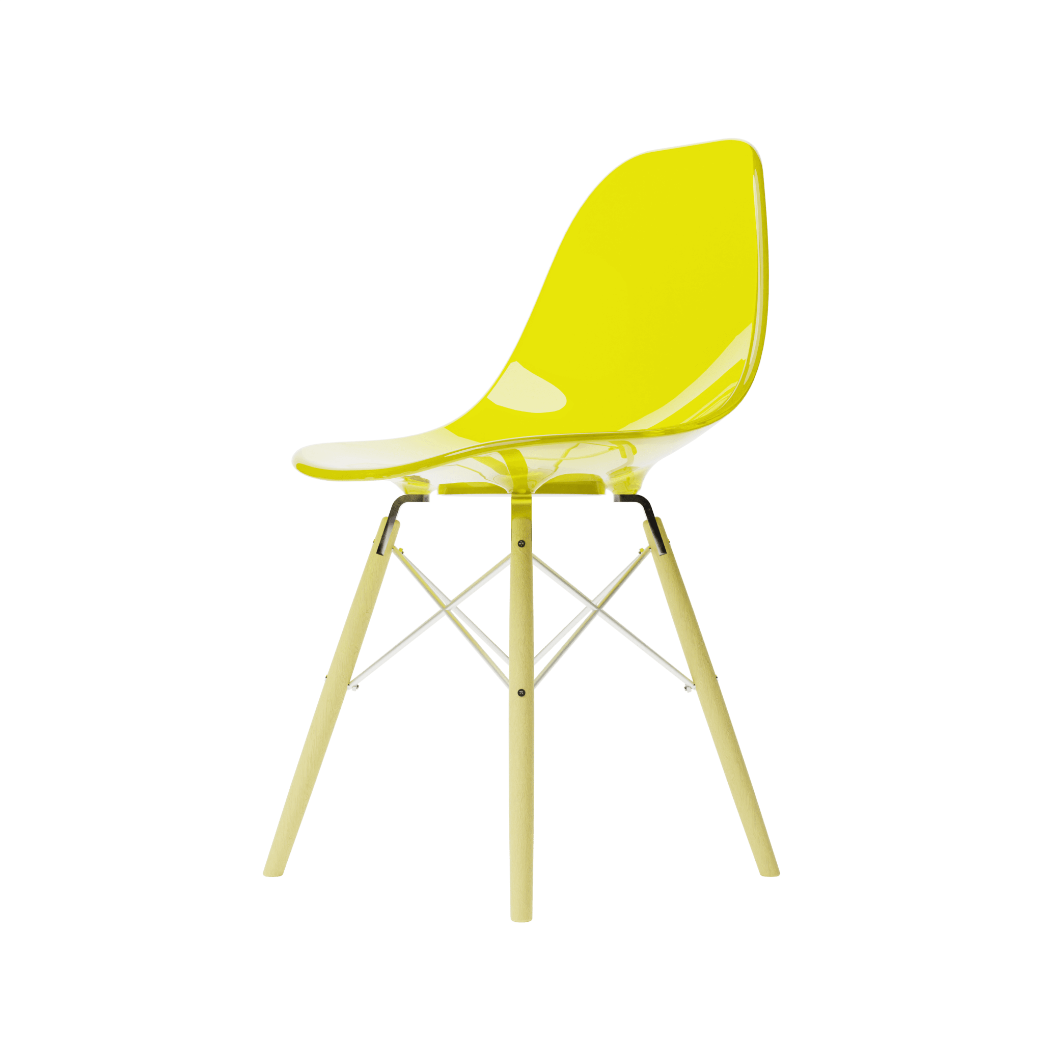 Side Clear Yellow MicroShell Chair, 1/6 scale, mid-century modern style, curved shell seat, designer replica, collector furniture accessory.