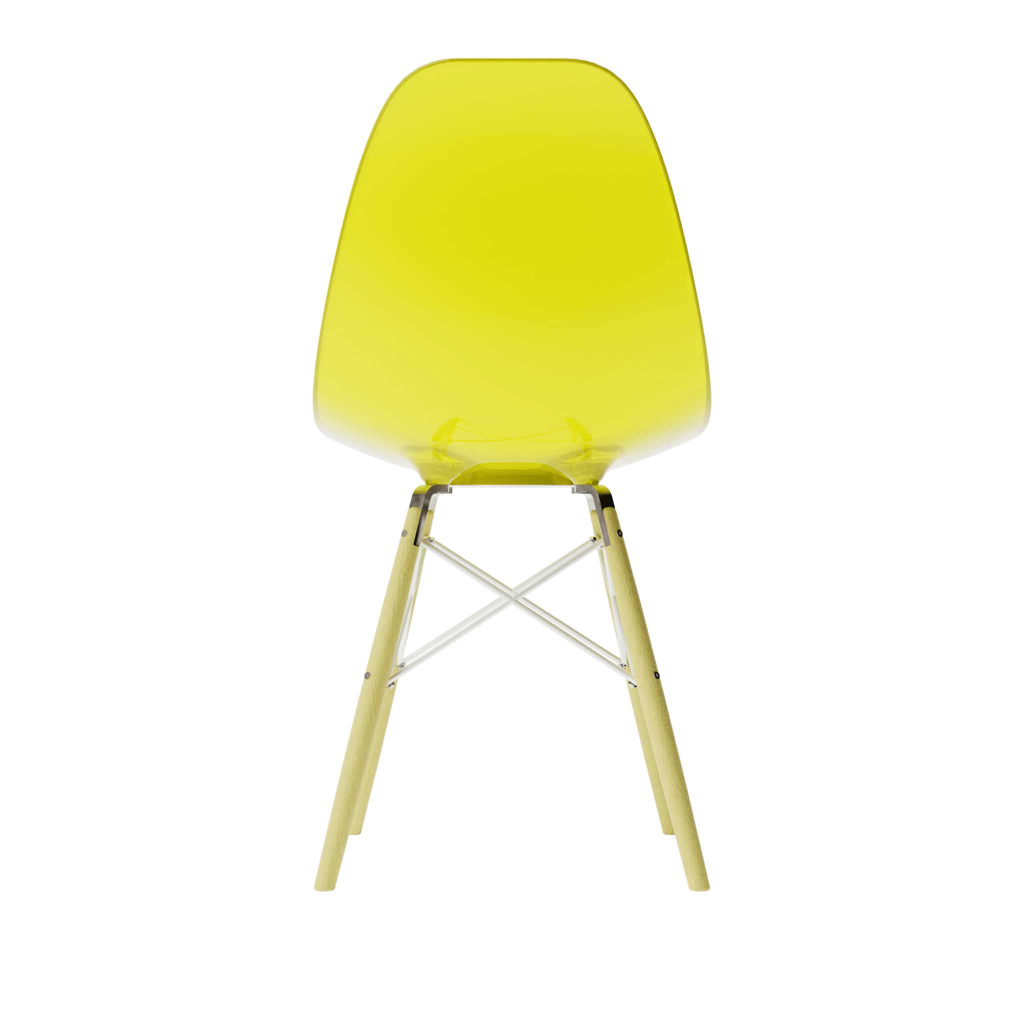 Back view of Clear Yellow MicroShell Chair™, a 1/6 scale miniature mid-century modern collectible with a curved shell design.