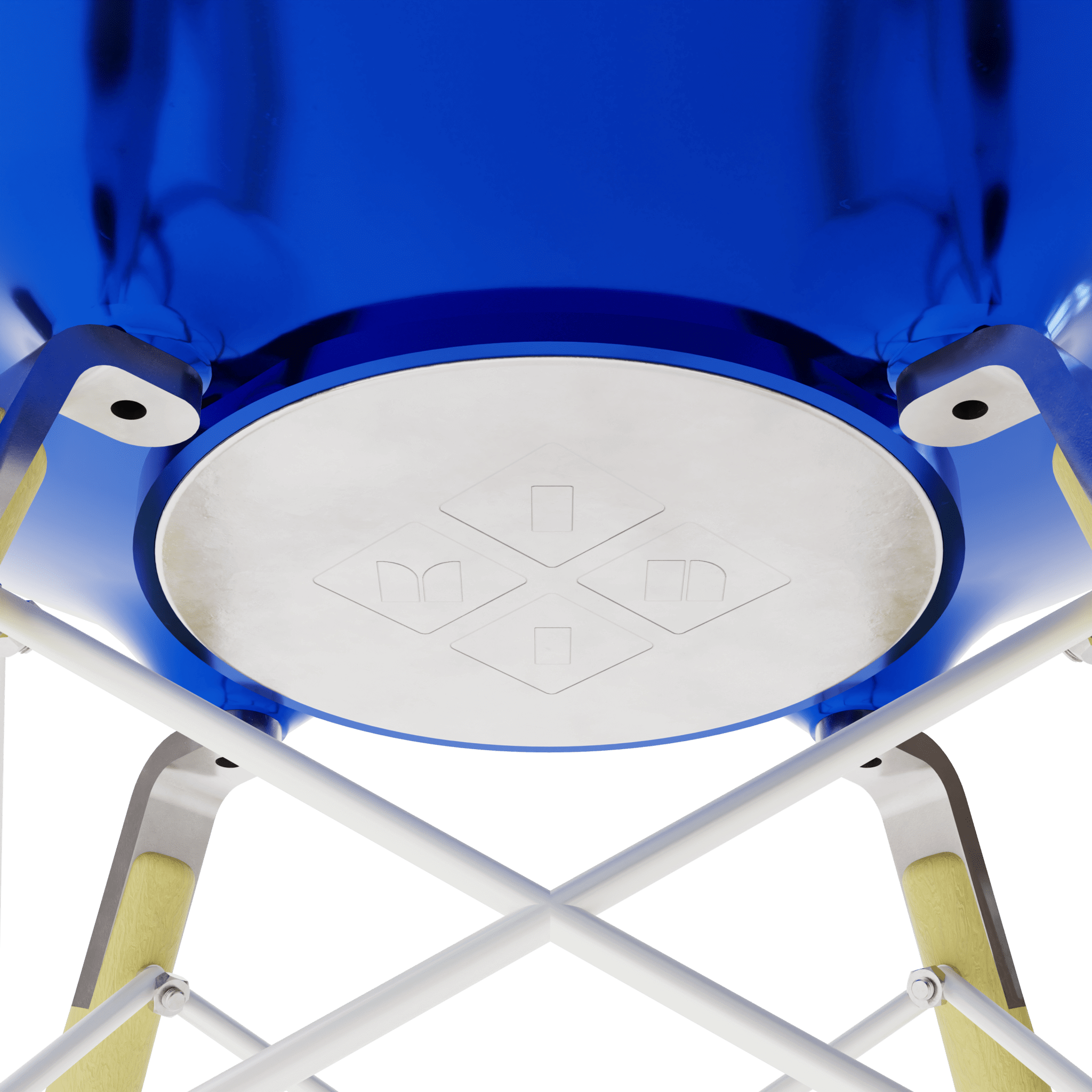 Metallic Blue MicroShell Chair underside showcasing mid-century modern design and translucent finish with cross metal base.