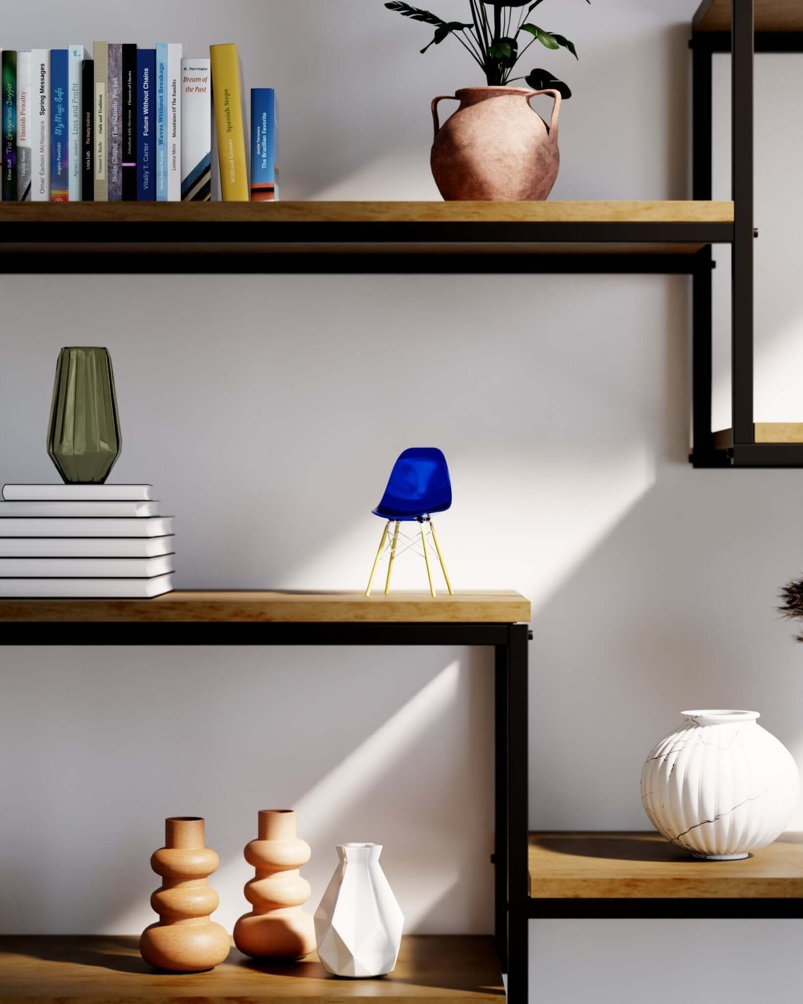 Metallic Blue MicroShell chair displayed on wooden shelves with books and vases, showcasing mid-century modern design.