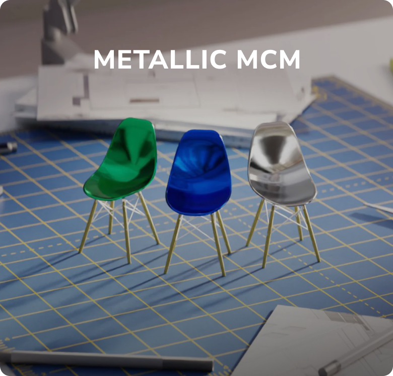 Three metallic chairs in green, blue, and silver on a blueprint-themed background with "Metallic MCM" text above.