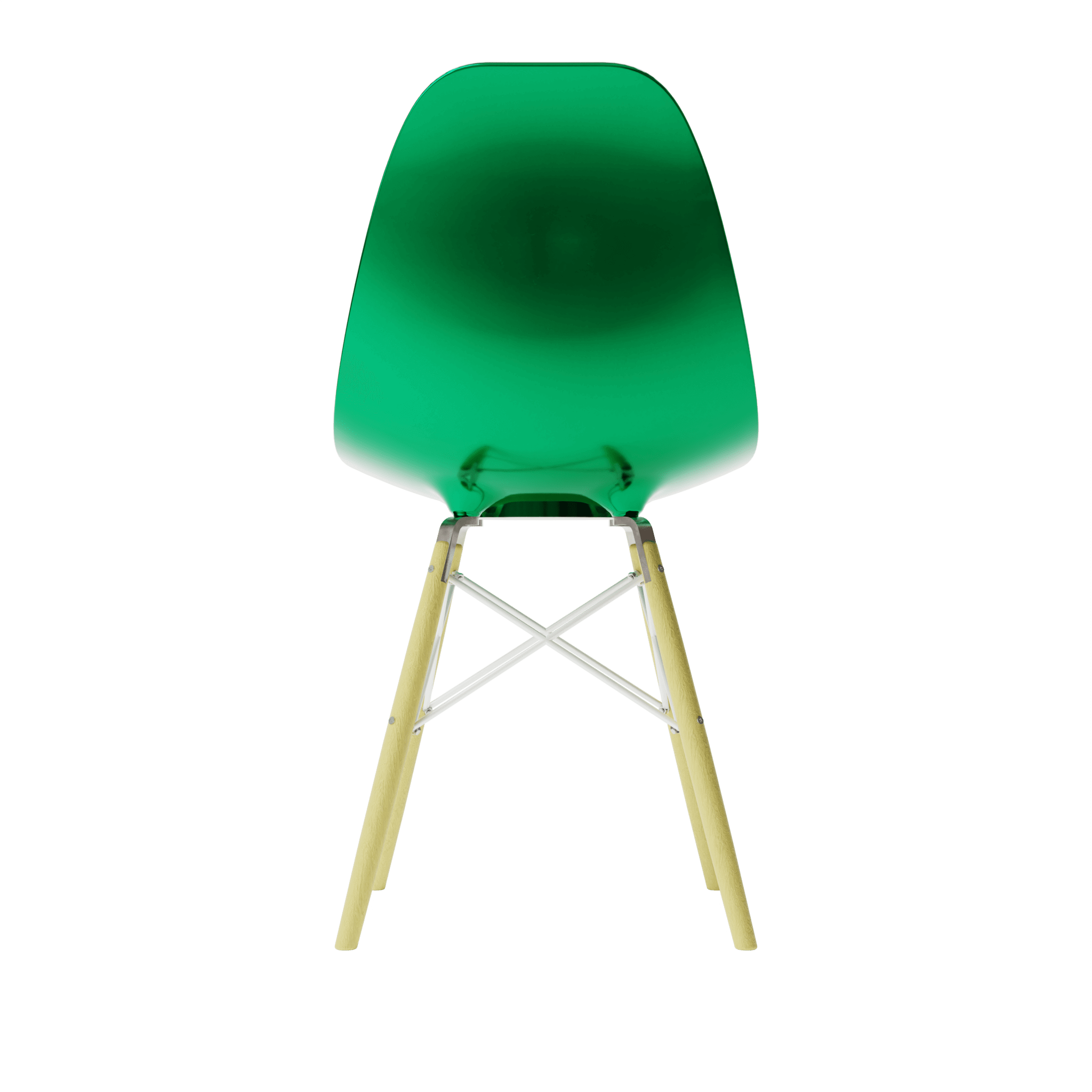 Back view of Metallic Green MicroShell Chair™, a 1/6 scale miniature mid-century modern collectible with a curved shell design.