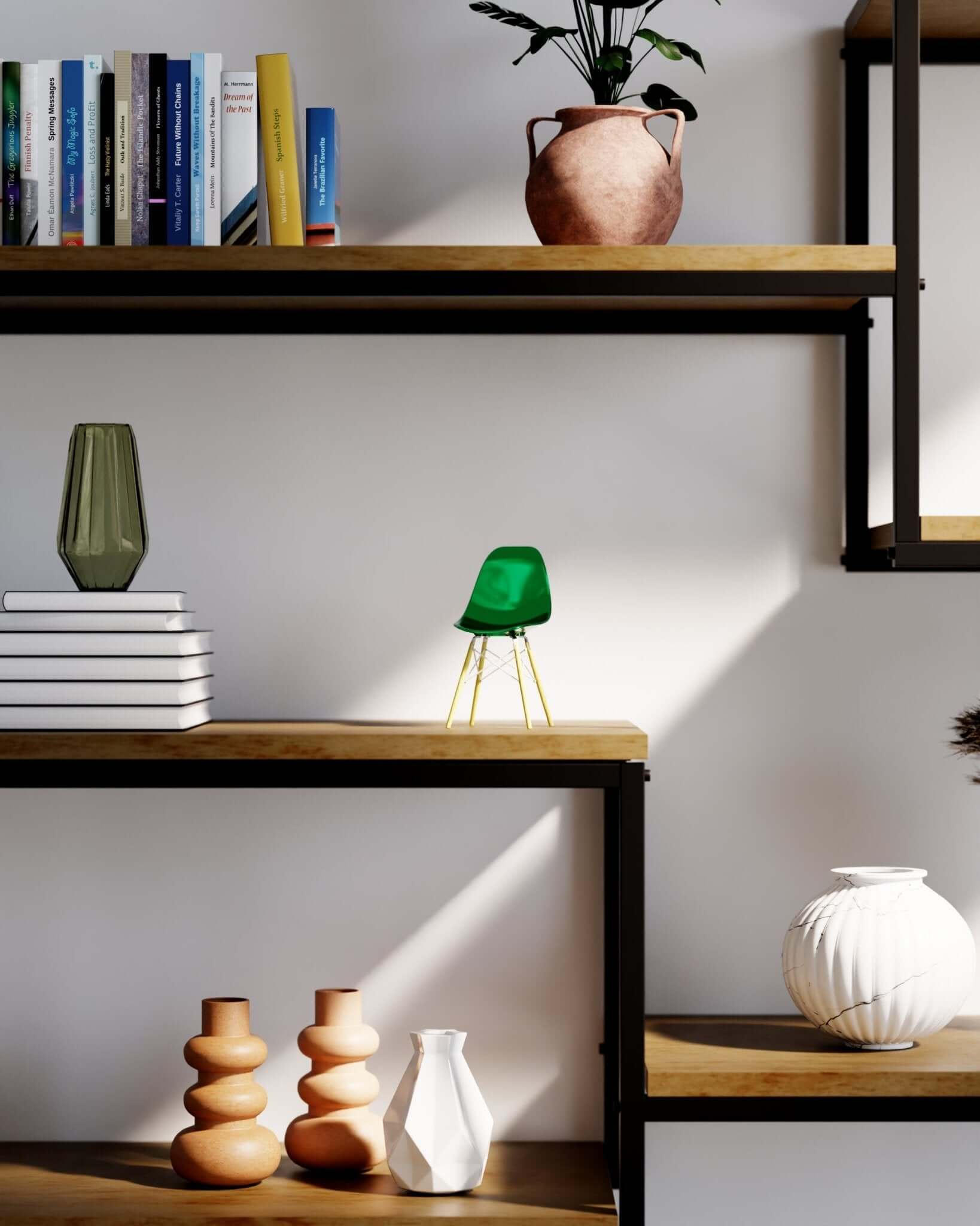 Miniature Metallic Green MicroShell chair displayed on a wooden shelf with books and vases, showcasing mid-century modern design.