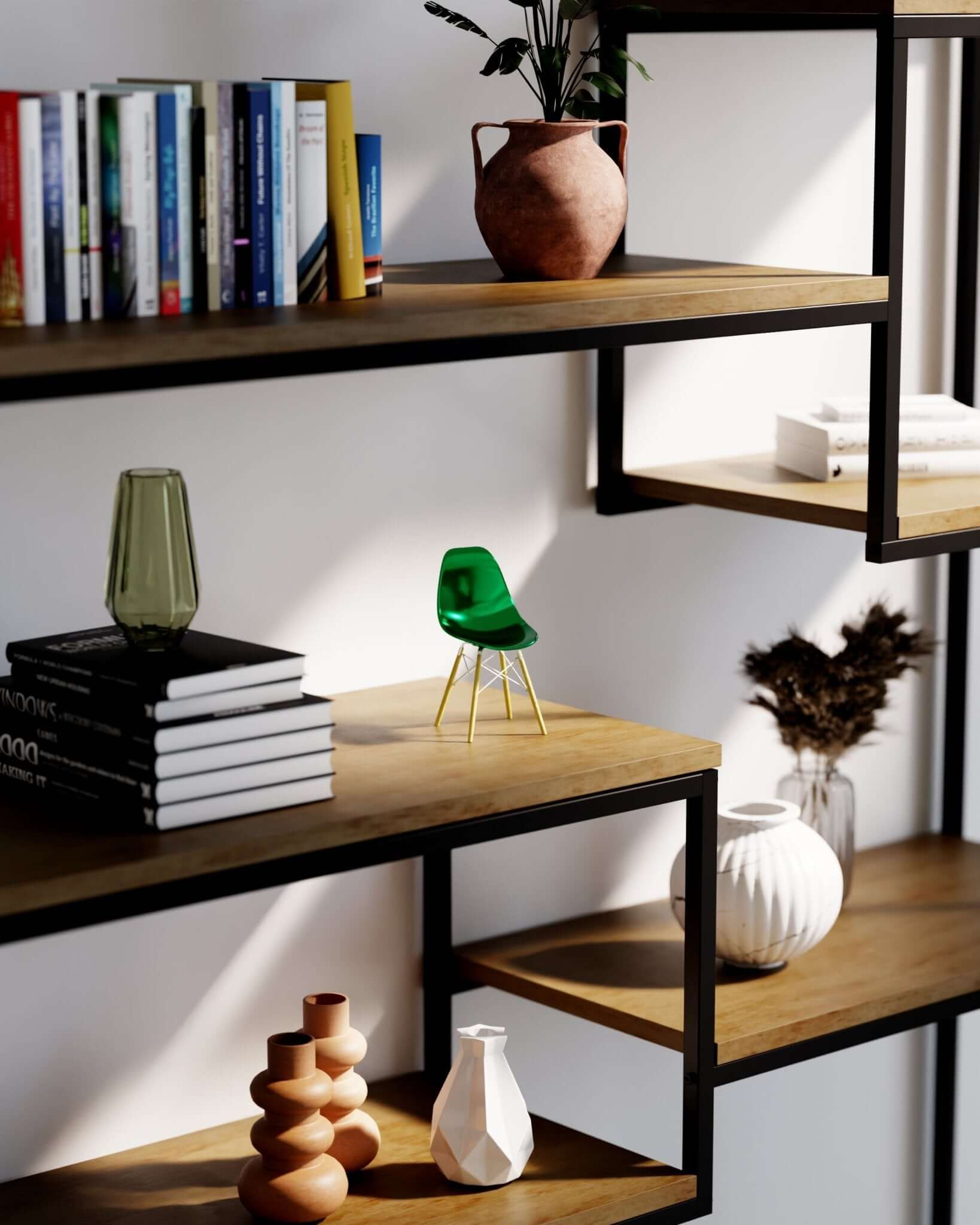 Metallic Green MicroShell chair displayed on wooden shelves with books and vases, showcasing mid-century modern design.