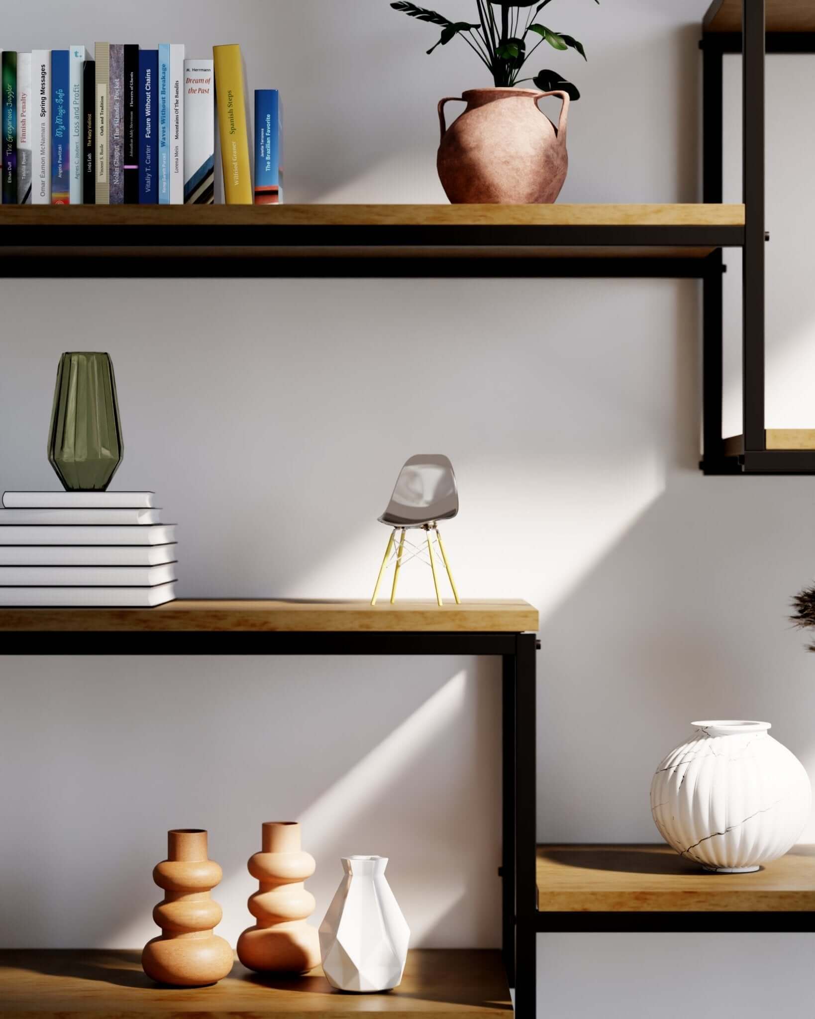 Miniature Metallic Slate MicroShell chair displayed on wooden shelves with books and vases, showcasing mid-century modern design.