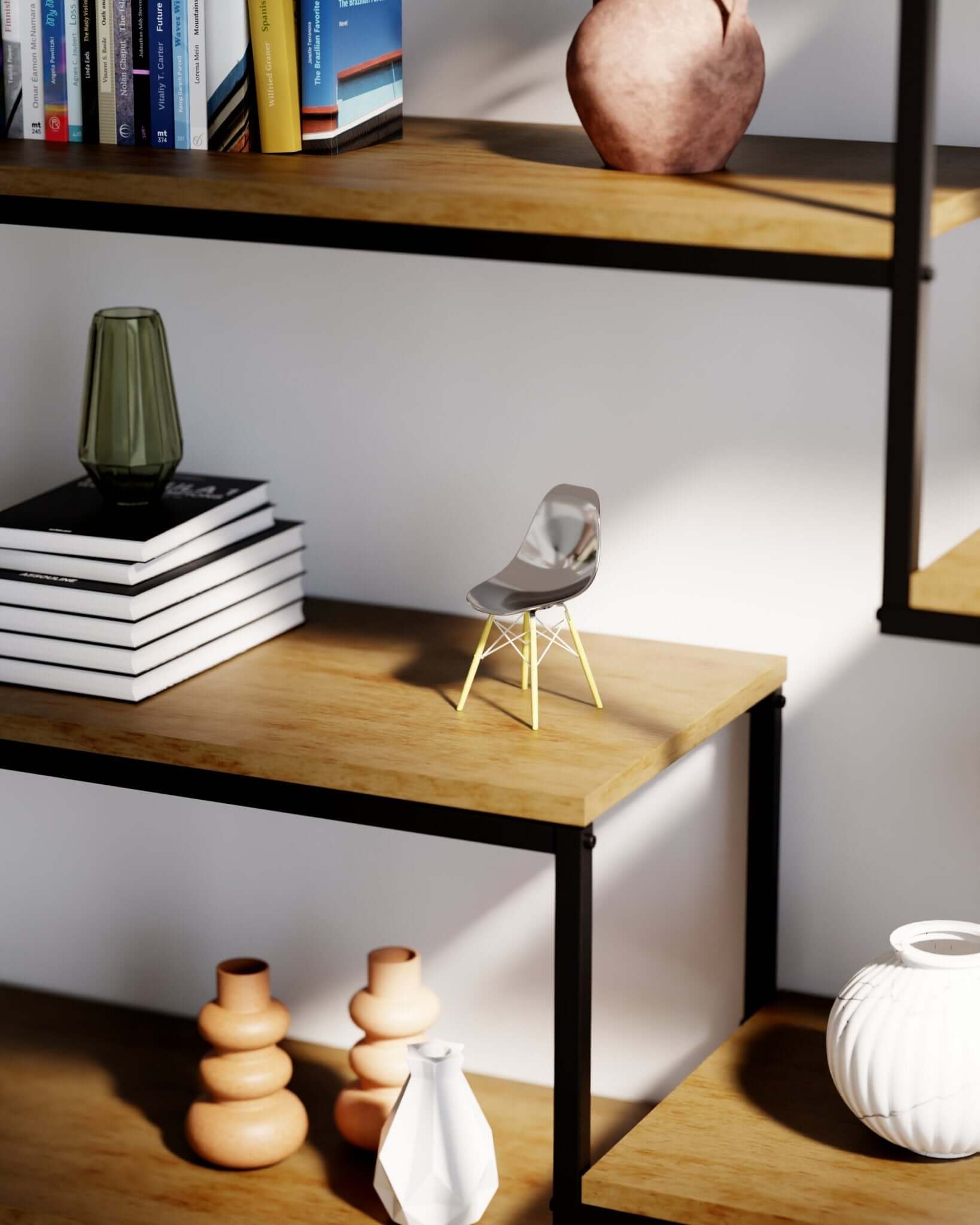 Miniature Metallic Slate MicroShell chair displayed on a wooden shelf with books and vases, showcasing mid-century modern design.