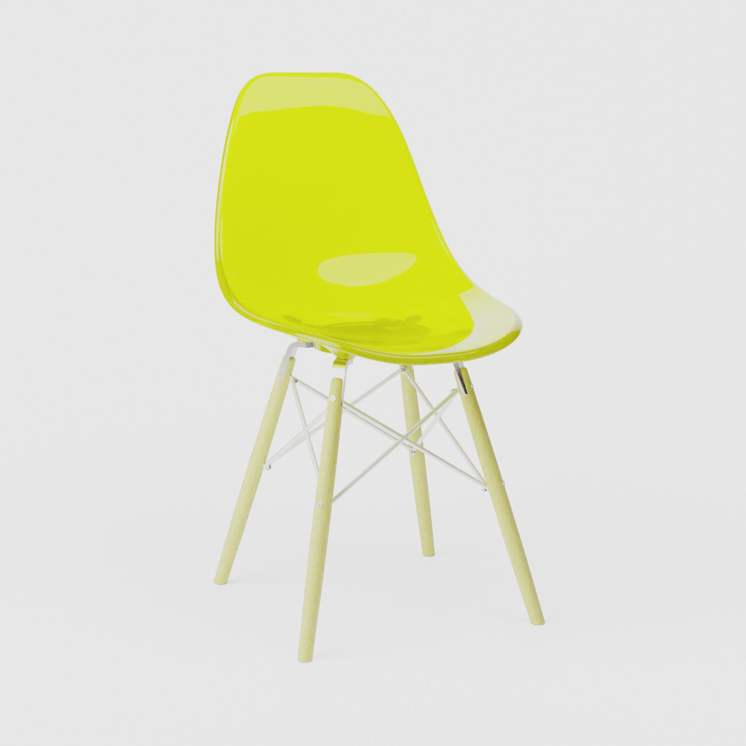 360-degree product rotation showing miniature Clear Yellow MicroShell Chair from every angle - front, sides, and back - highlighting curved shell design and scale details