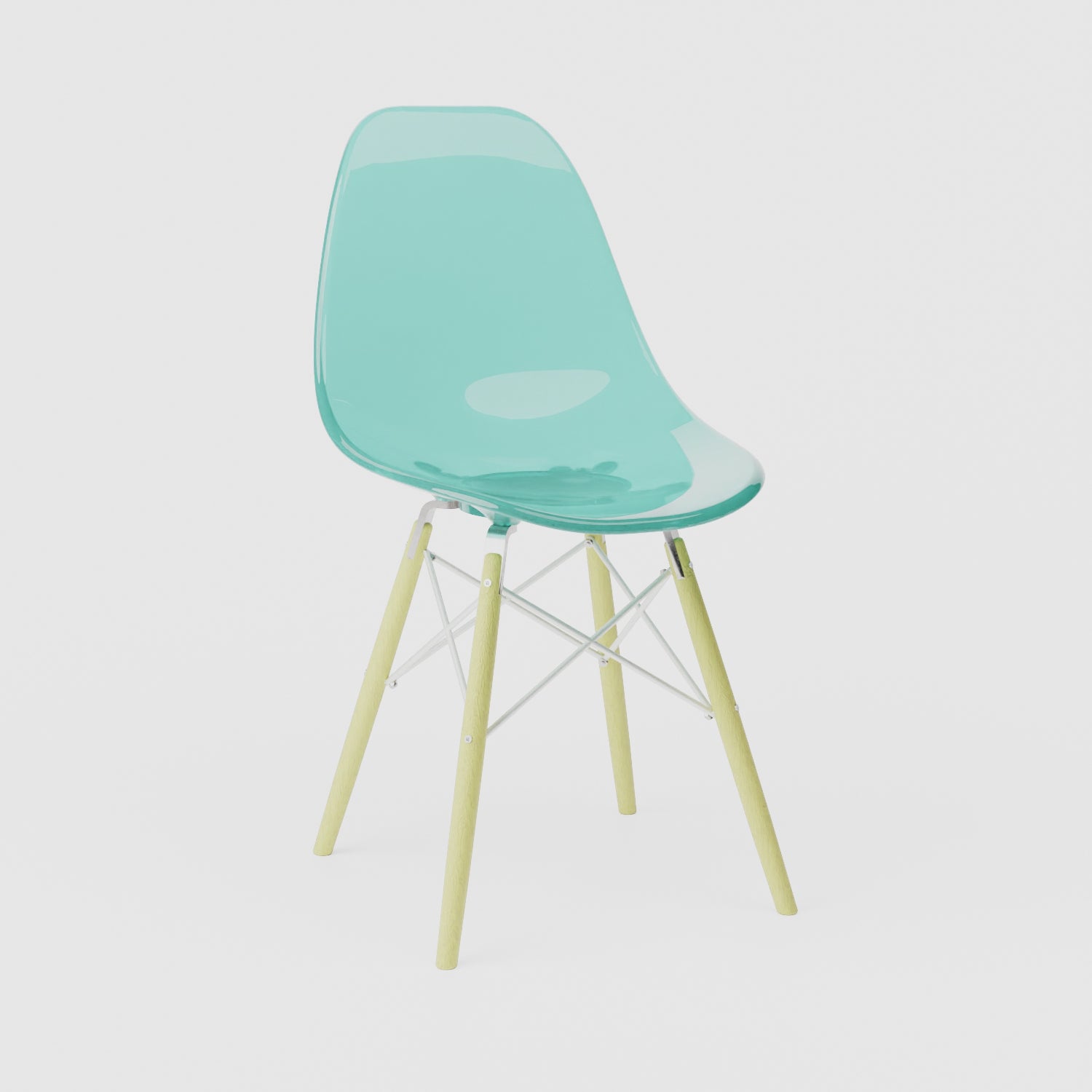 360-degree product rotation showing miniature Clear Seafoam MicroShell Chair from every angle - front, sides, and back - highlighting curved shell design and scale details