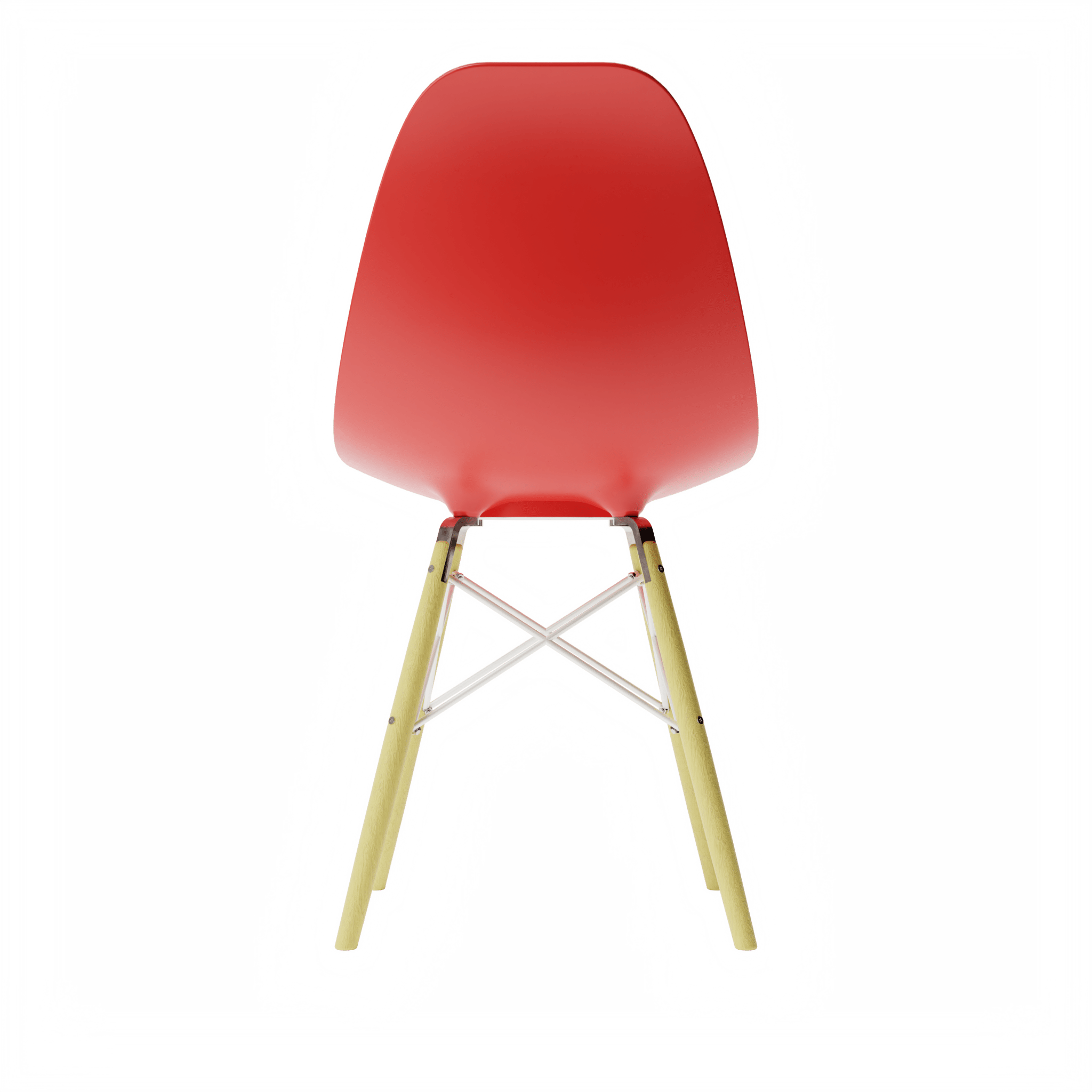 Back view of Red Orange MicroShell Chair™, a 1/6 scale miniature mid-century modern collectible with a curved shell design.