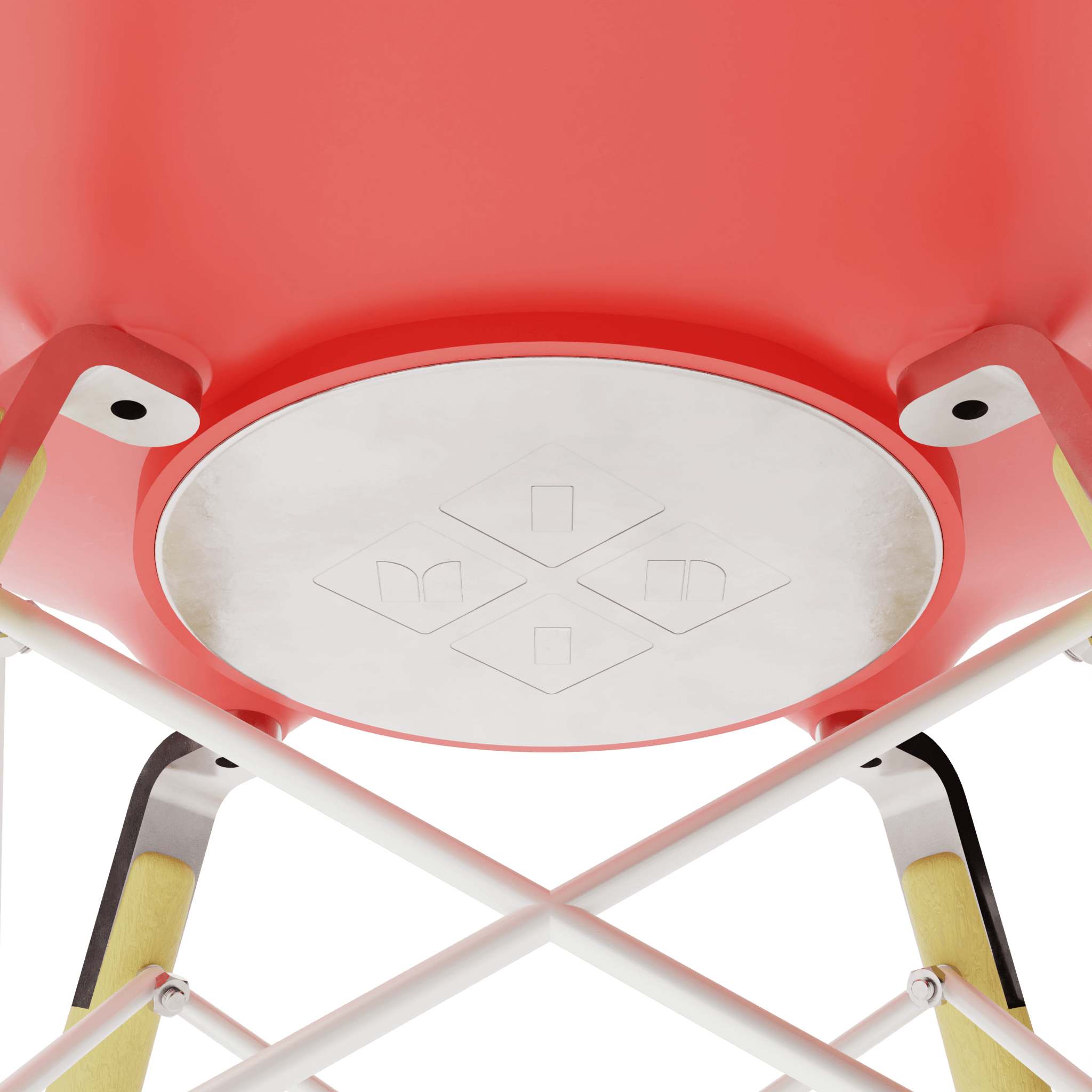 Red Orange MicroShell Chair underside showcasing mid-century modern design and translucent finish with cross metal base.