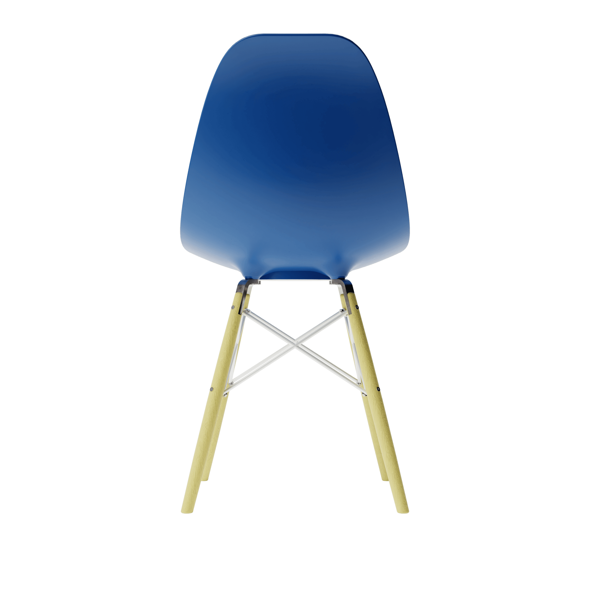 Back view of Ultramarine Blue MicroShell Chair™, a 1/6 scale miniature mid-century modern collectible with a curved shell design.