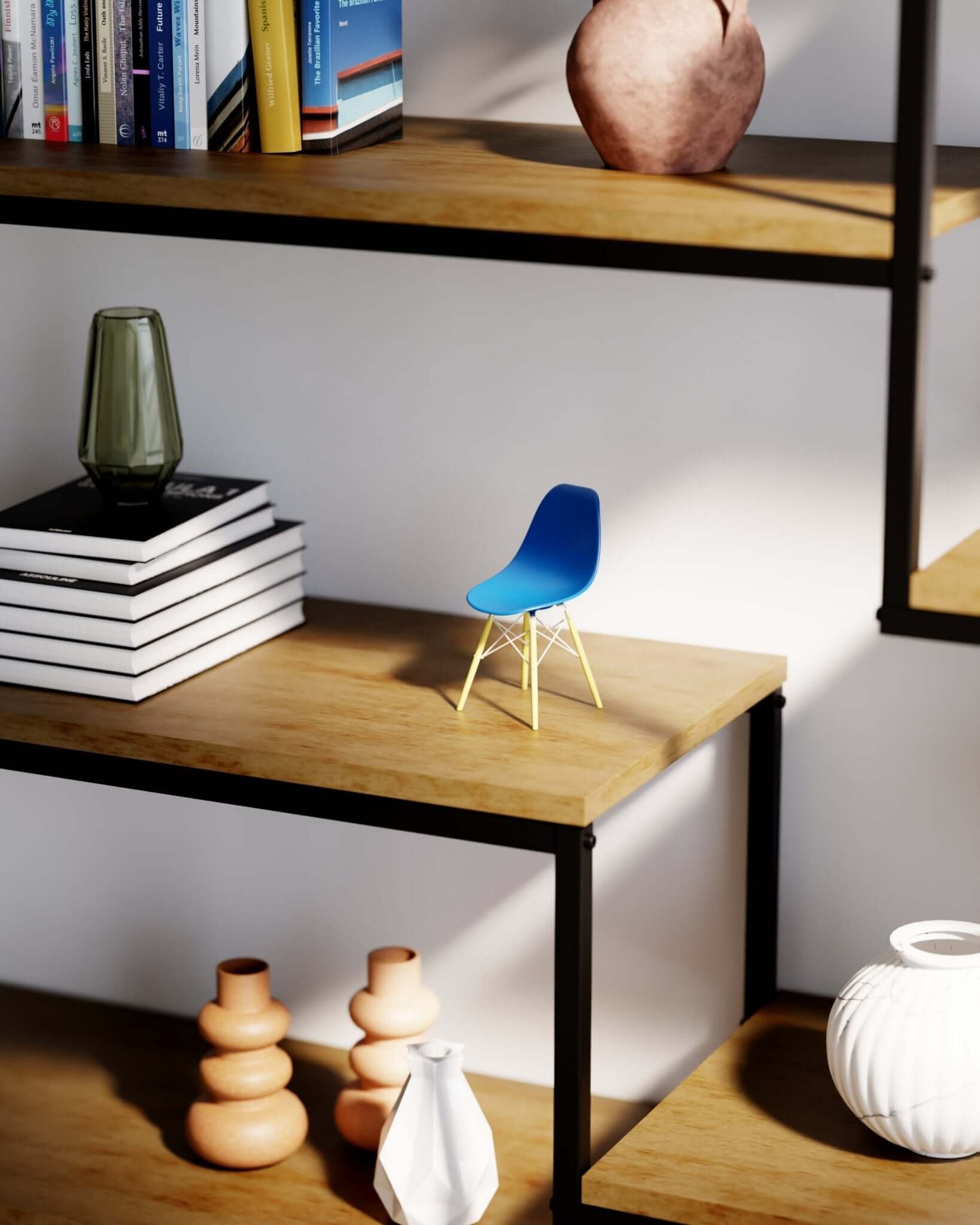 Ultramarine Blue MicroShell chair displayed on wooden shelves with books and vases, showcasing mid-century modern design.