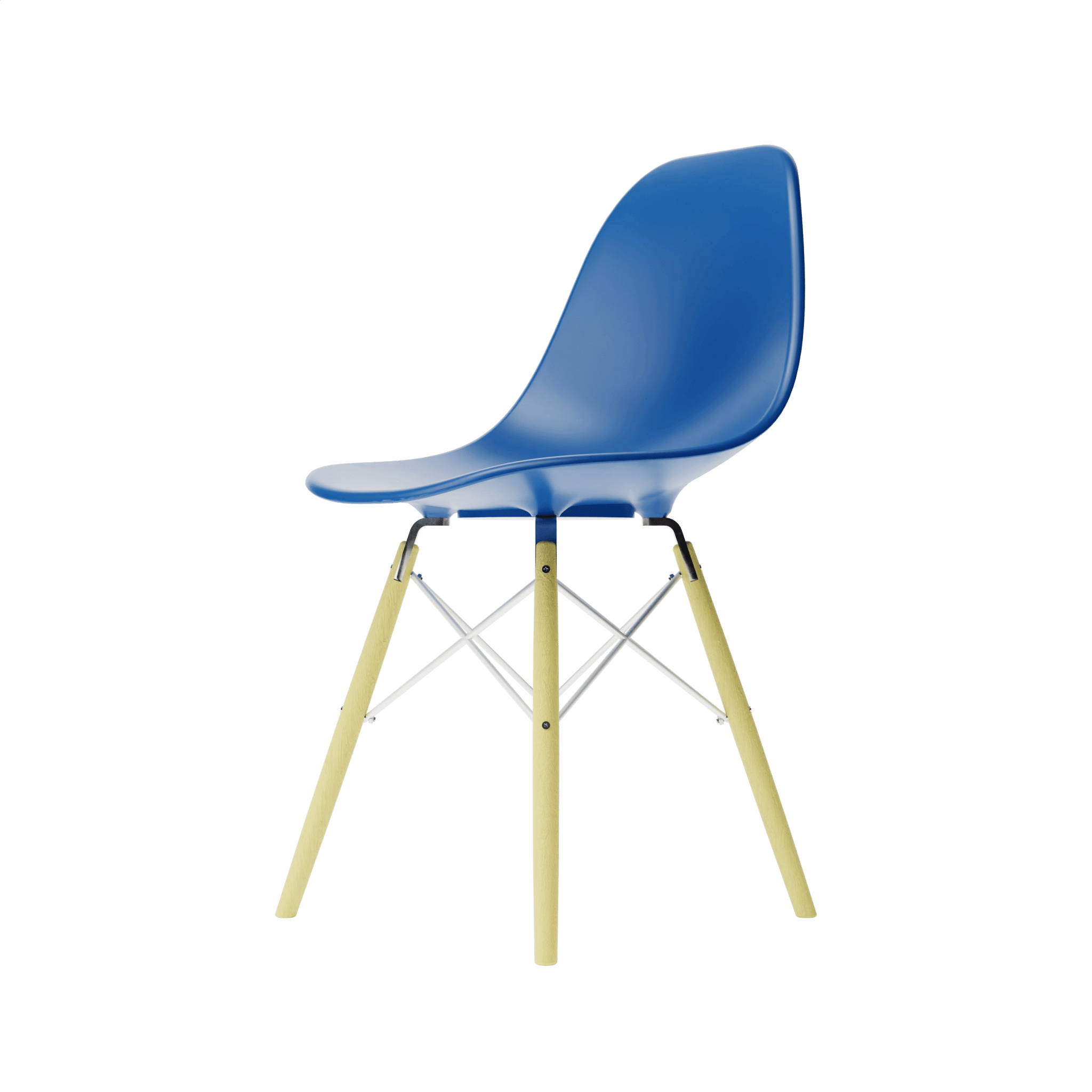 Side Blue MicroShell Chair, 1/6 scale, mid-century modern style, curved shell seat, designer replica, collector furniture accessory.