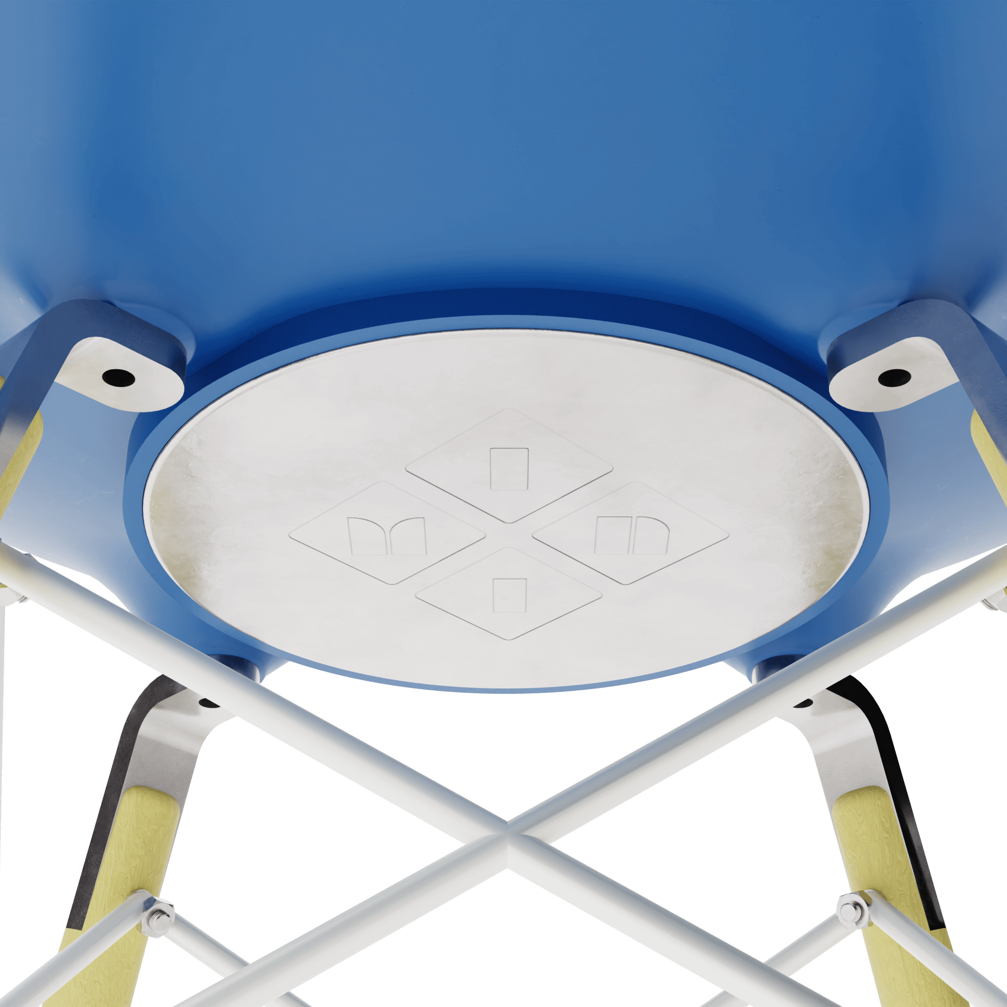 Ultramarine Blue MicroShell Chair underside showcasing mid-century modern design and translucent finish with cross metal base.