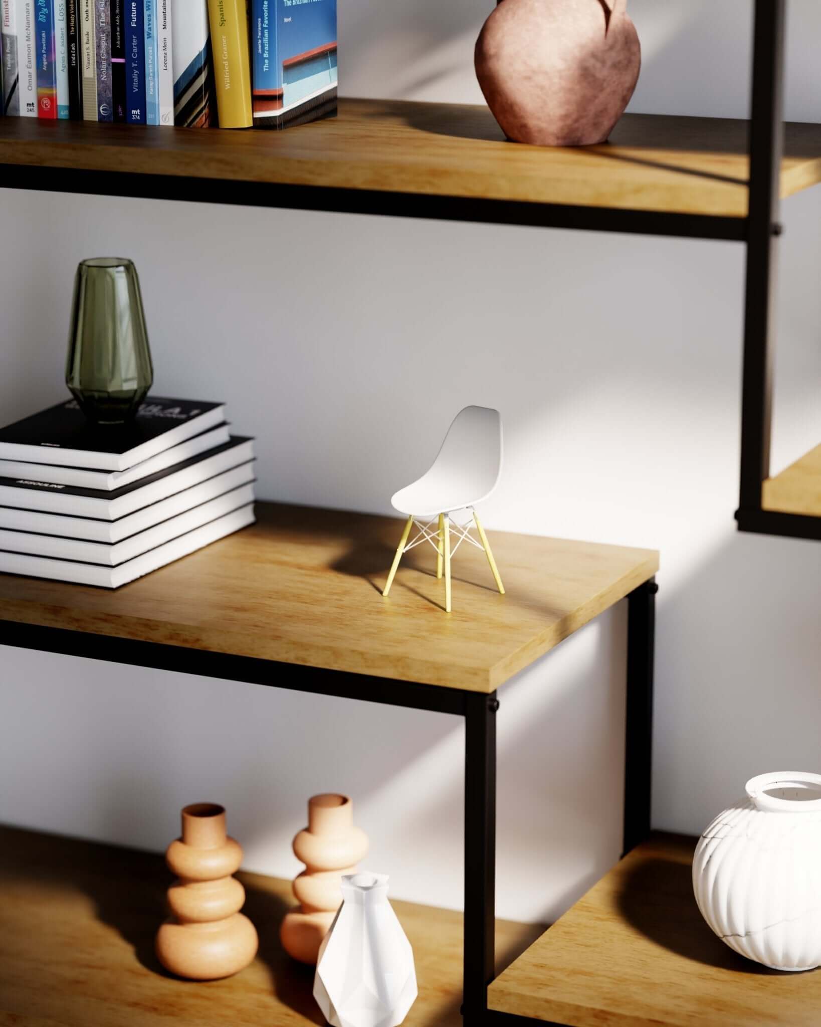 Miniature White MicroShell chair displayed on wooden shelves with books and vases, showcasing mid-century modern design.