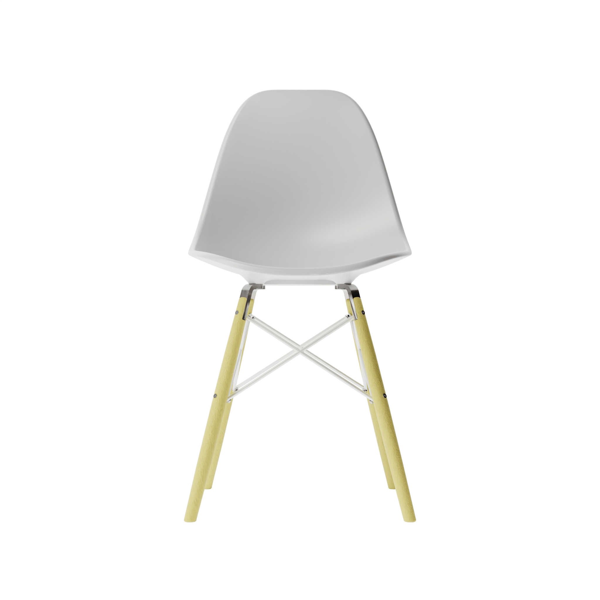 Front White MicroShell Chair™ miniature, 1/6 scale mid-century modern replica with curved shell seat, perfect for collector display.