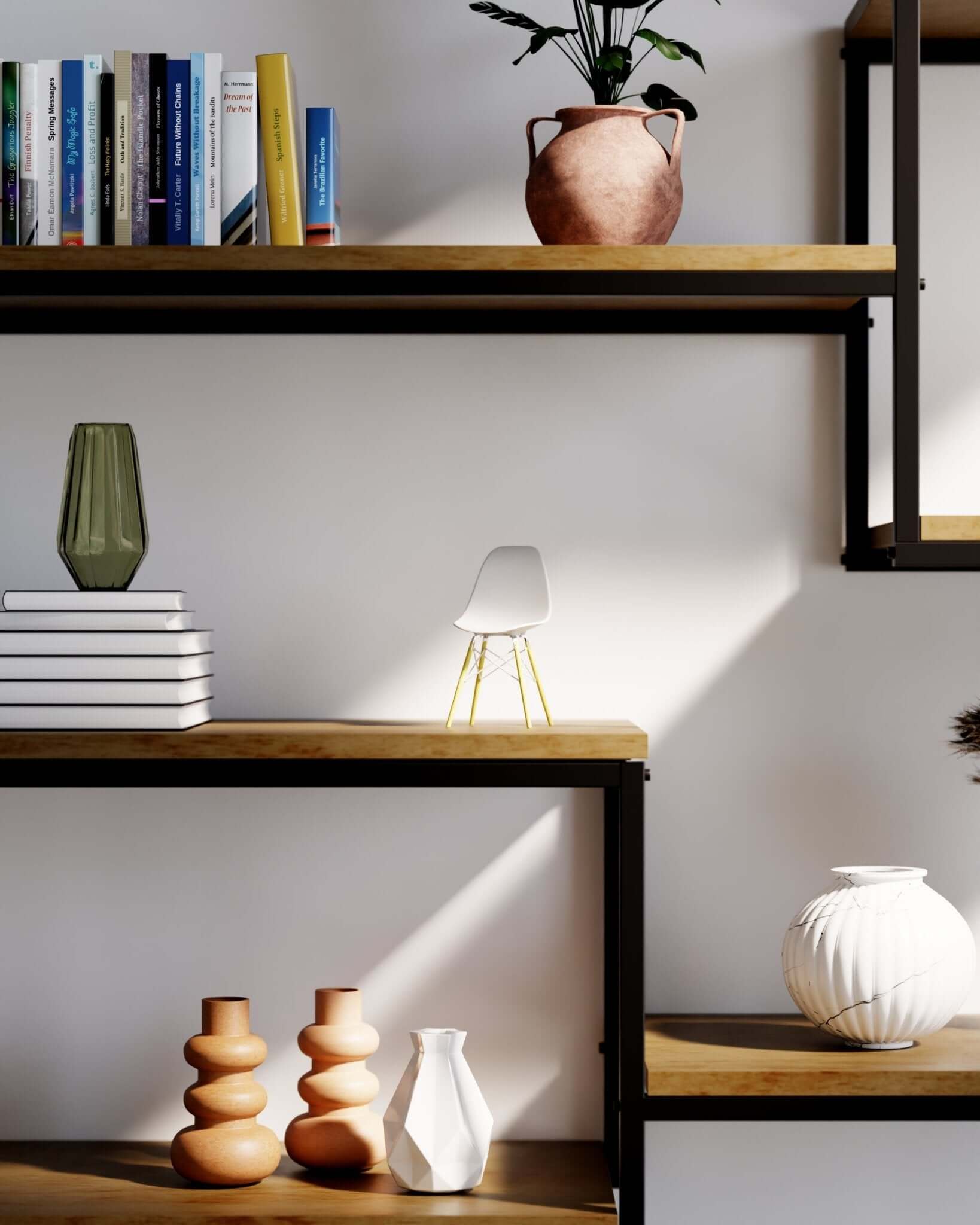 Miniature White MicroShell chair displayed on a wooden shelf with books and vases, showcasing mid-century modern design.