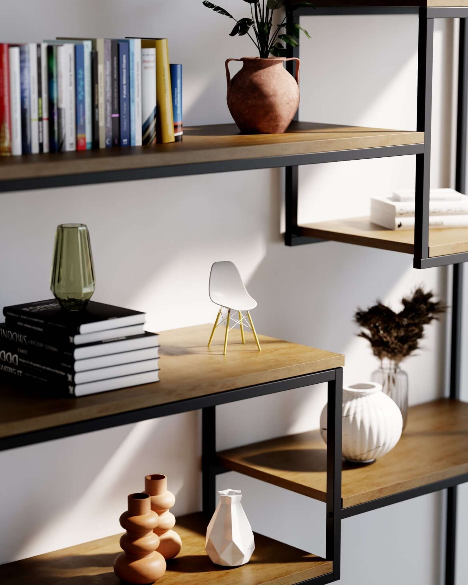 White MicroShell chair displayed on wooden shelves with books and vases, showcasing mid-century modern design.