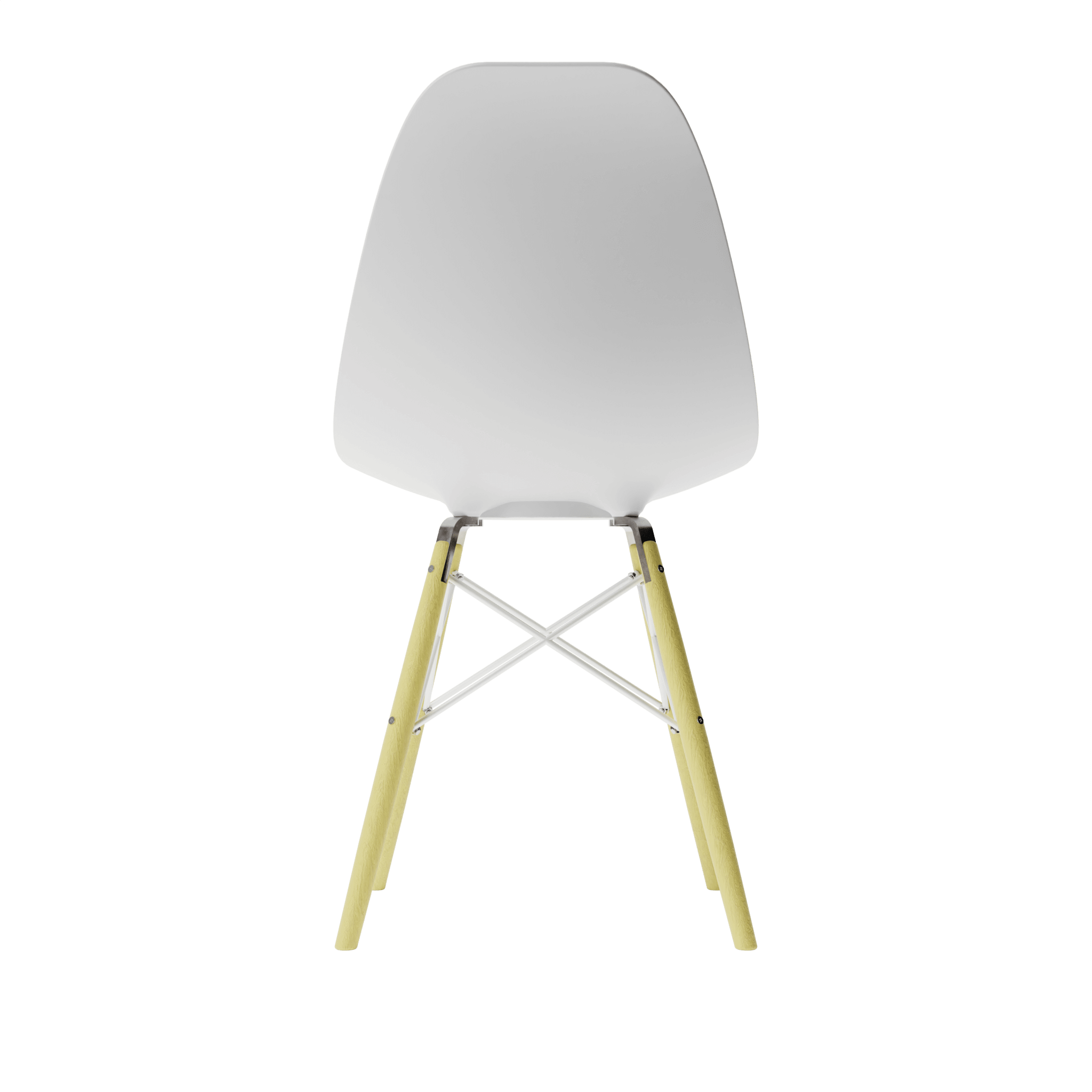 Back view of White MicroShell Chair™, a 1/6 scale miniature mid-century modern collectible with a curved shell design.